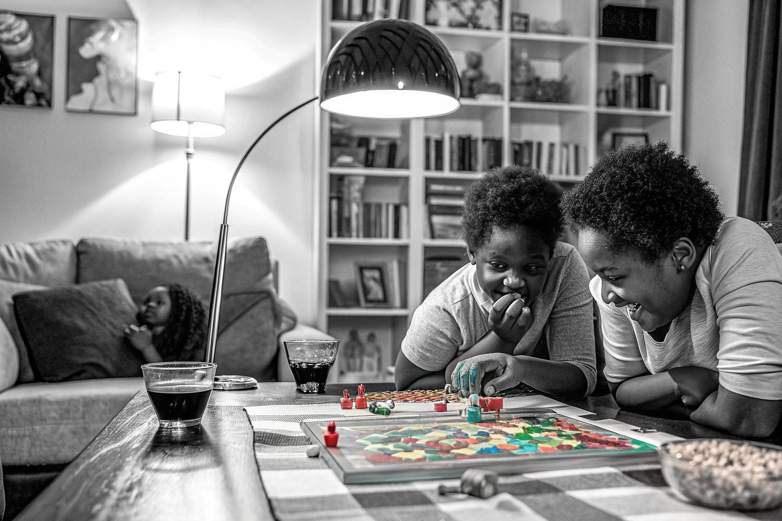 Kinder und Erwachsene spielen gemeinsam ein kooperatives Brettspiel am Tisch. Kooperatives Brettspiel für Kinder und Erwachsene