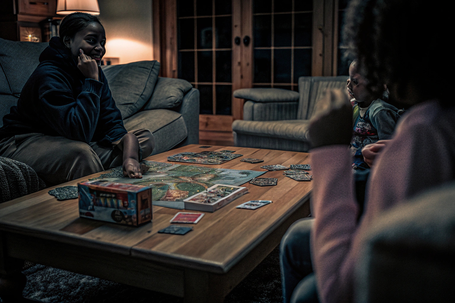 Kinder und Erwachsene spielen zusammen ein lustiges Kartenspiel und haben Spaß. Kinder und Erwachsene spielen Kartenspiel
