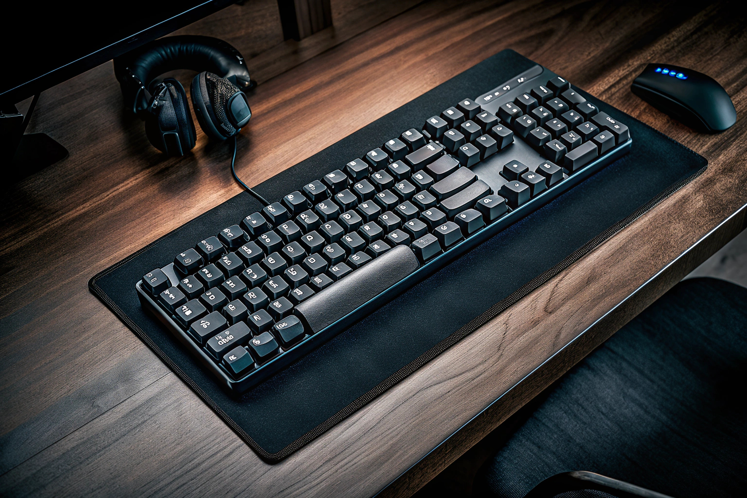 Kompakte Gaming-Tastatur auf einem Schreibtisch, umgeben von Gaming-Zubehör. Snpurdiri 60% Gaming-Tastatur