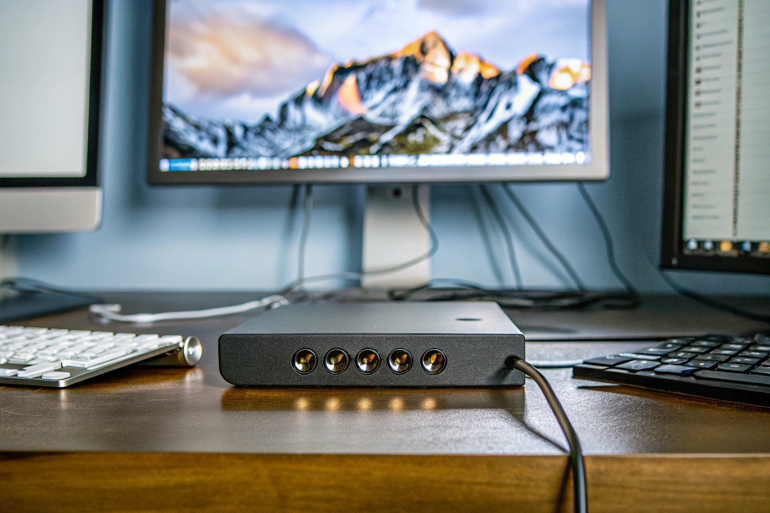 KVM-Switch im Arbeitsumfeld auf einem Schreibtisch mit mehreren angeschlossenen Computern. KVM-Switch im Einsatz