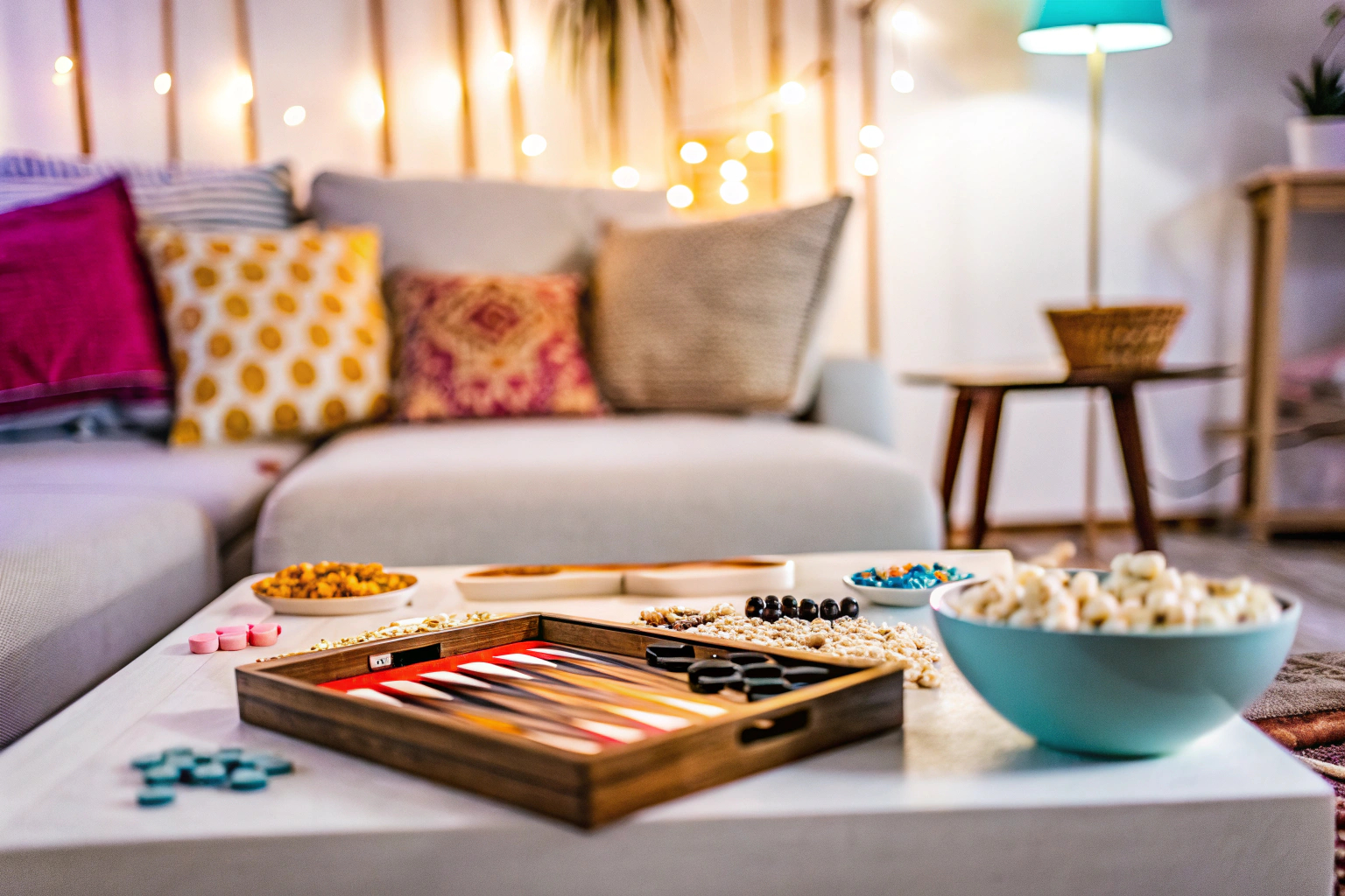Lachende Frauen, die bei einem Mädelsabend ein Partyspiel spielen. Frauen spielen ein Partyspiel beim Mädelsabend