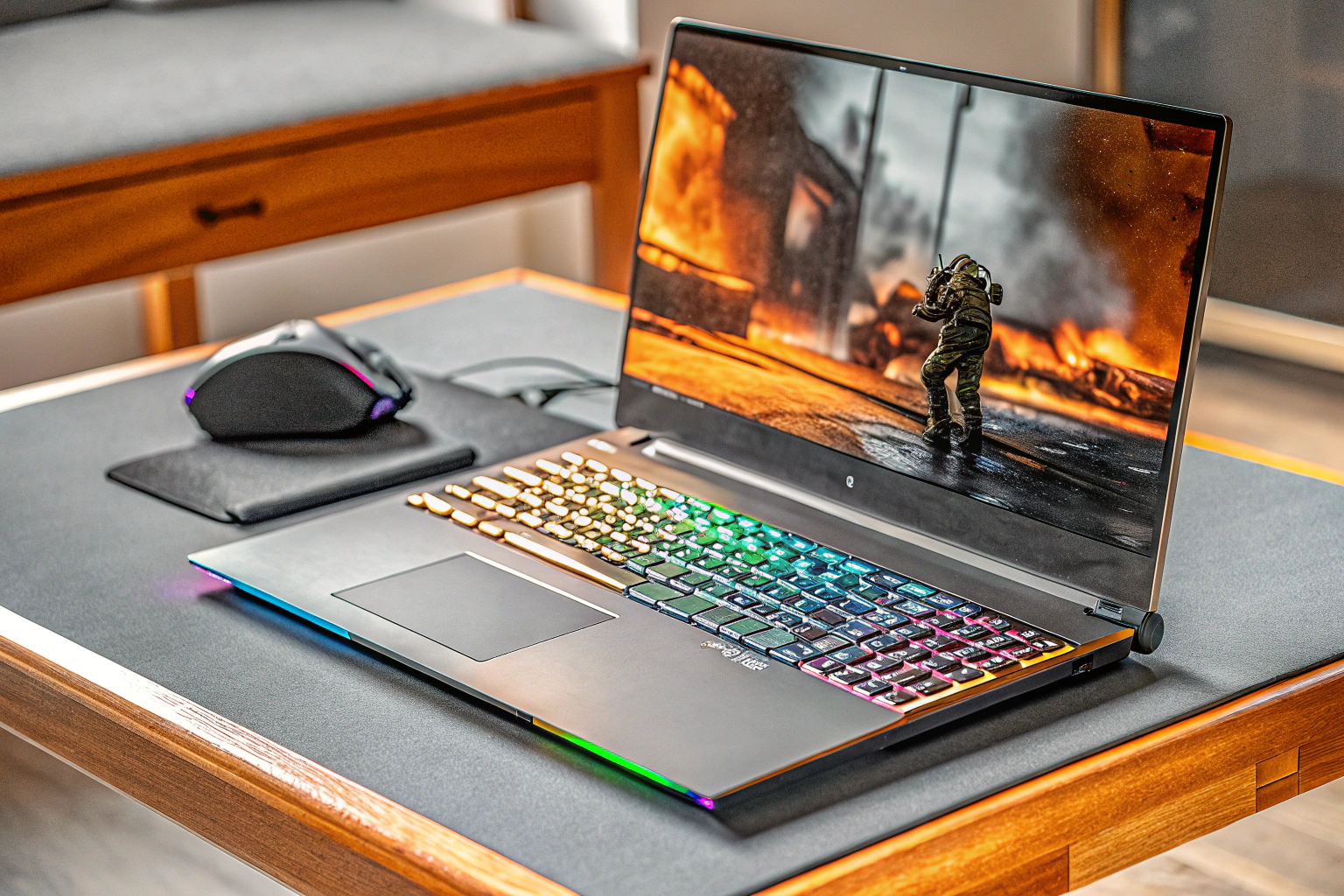 Lenovo Gaming Laptop in Aktion, zeigt ein actionreiches Spiel auf dem Bildschirm. Lenovo Gaming Laptop im Einsatz