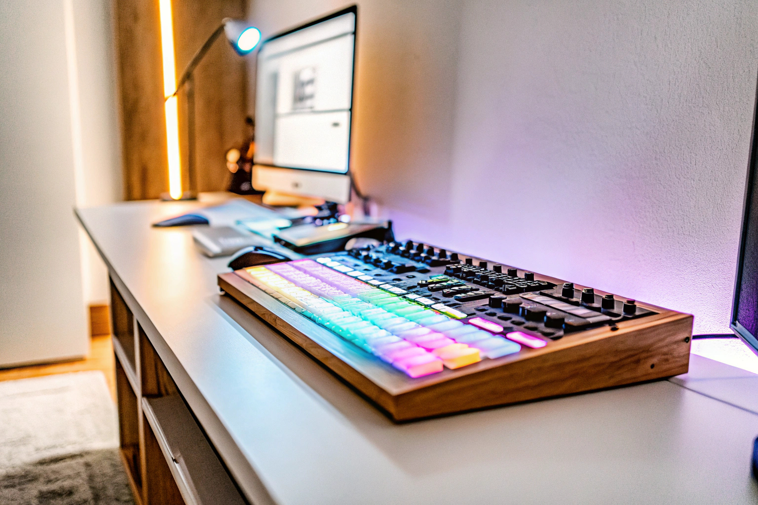 MAONO Gaming Audio Mixer mit fesselnder RGB-Beleuchtung in einem Gaming-Setup. MAONO Gaming Audio Mixer