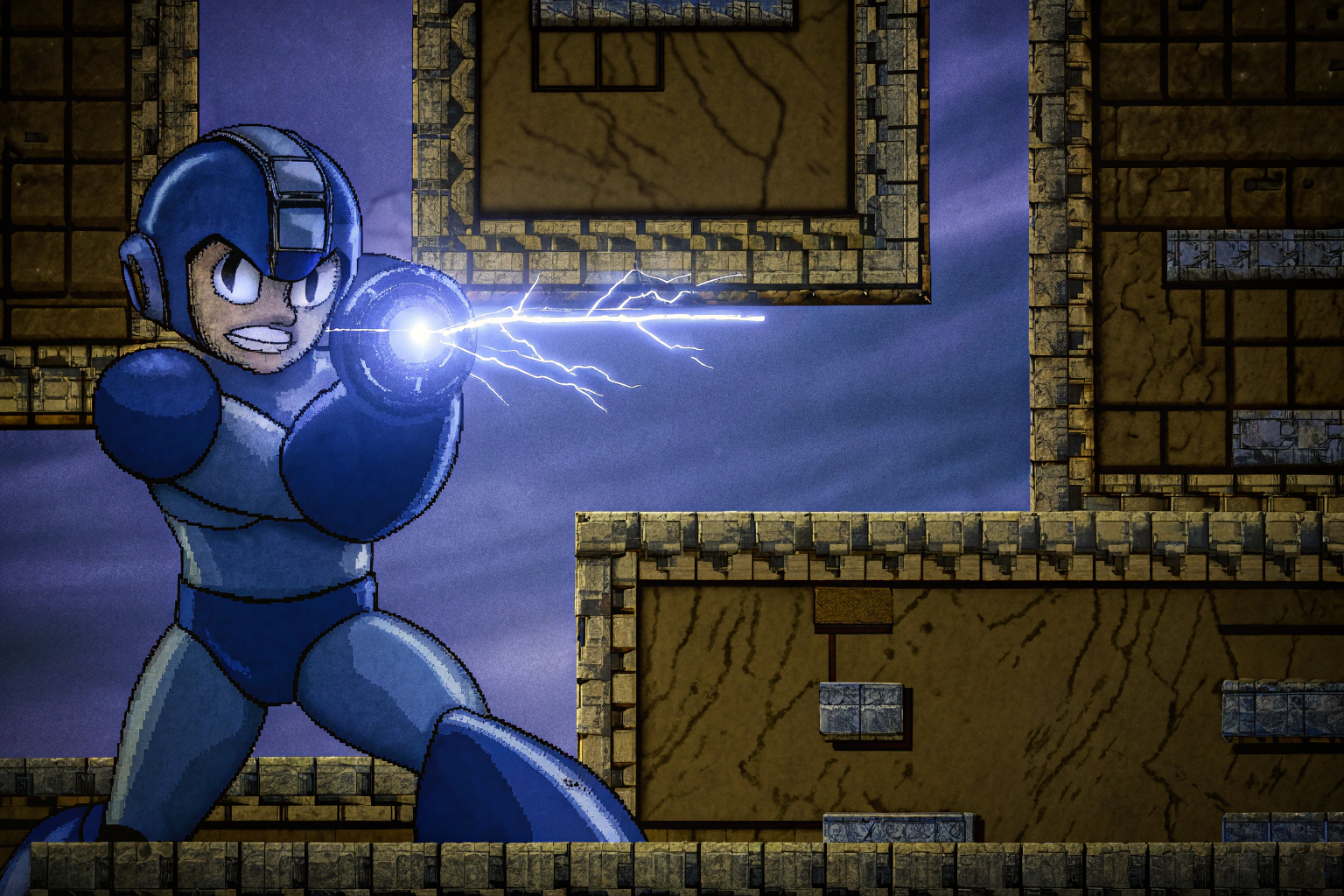 Mega Man in Aktion mit seinem ikonischen Blaster. Mega Man 11 Gameplay