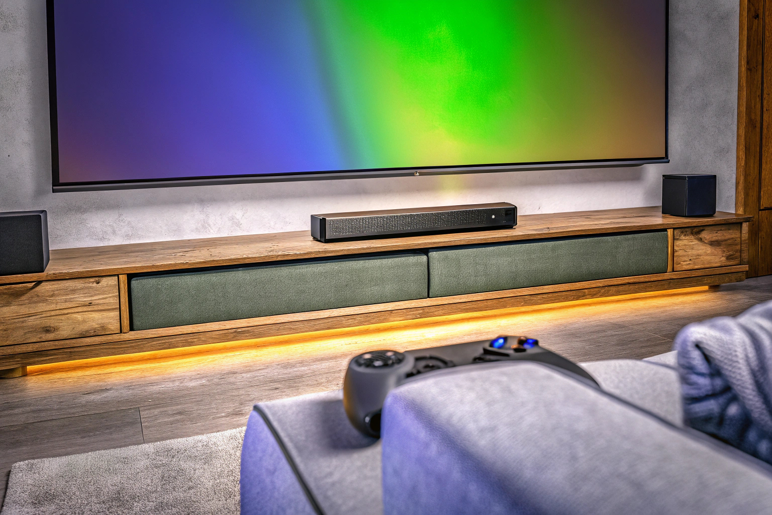 MEREDO Soundbar mit RGB-Beleuchtung in einem Heimkino-Setup. MEREDO Soundbar mit RGB-Beleuchtung