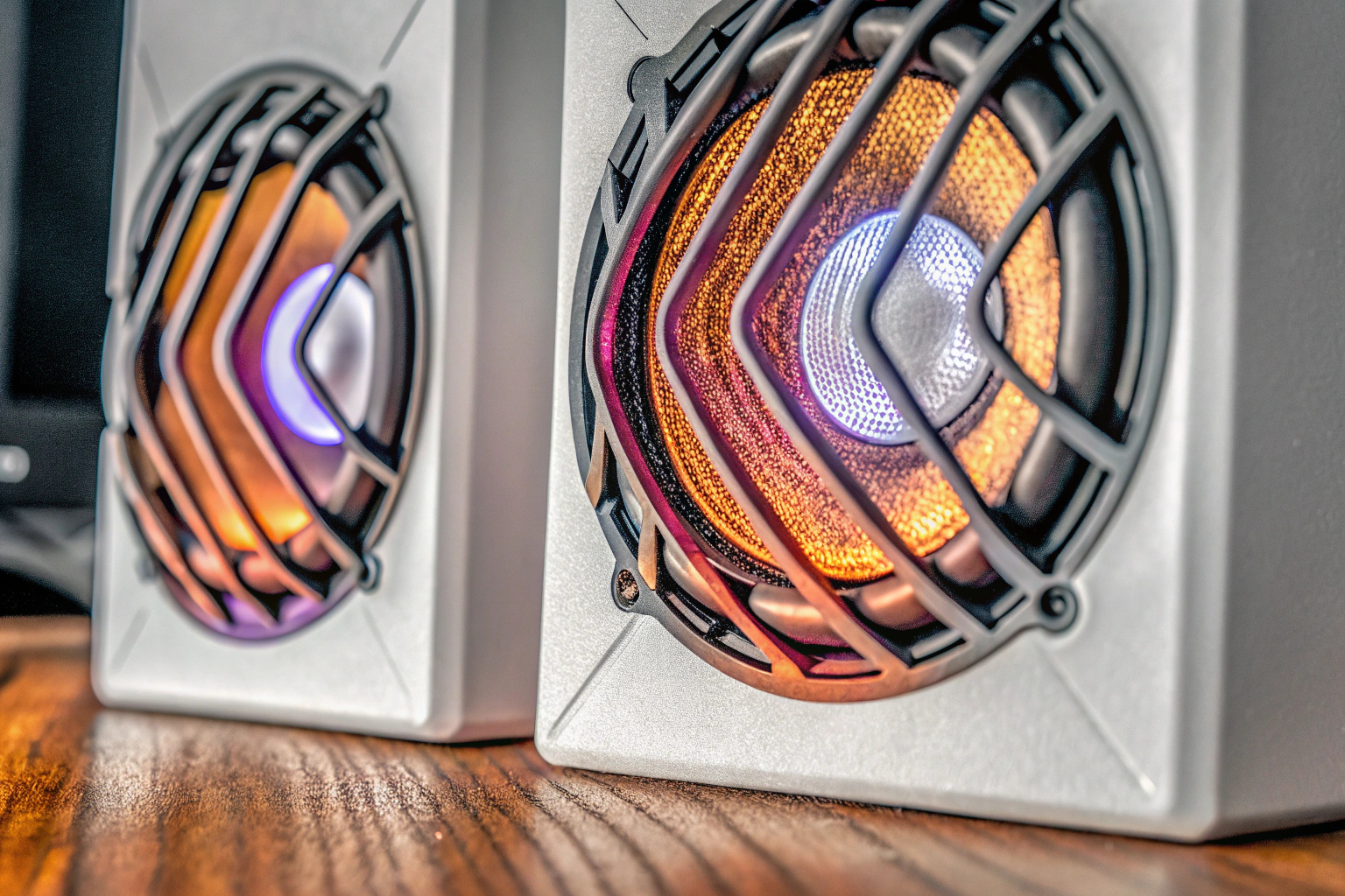 Nahaufnahme der Bazivve V30 PC Lautsprecher mit leuchtender RGB-Beleuchtung. Bazivve V30 RGB