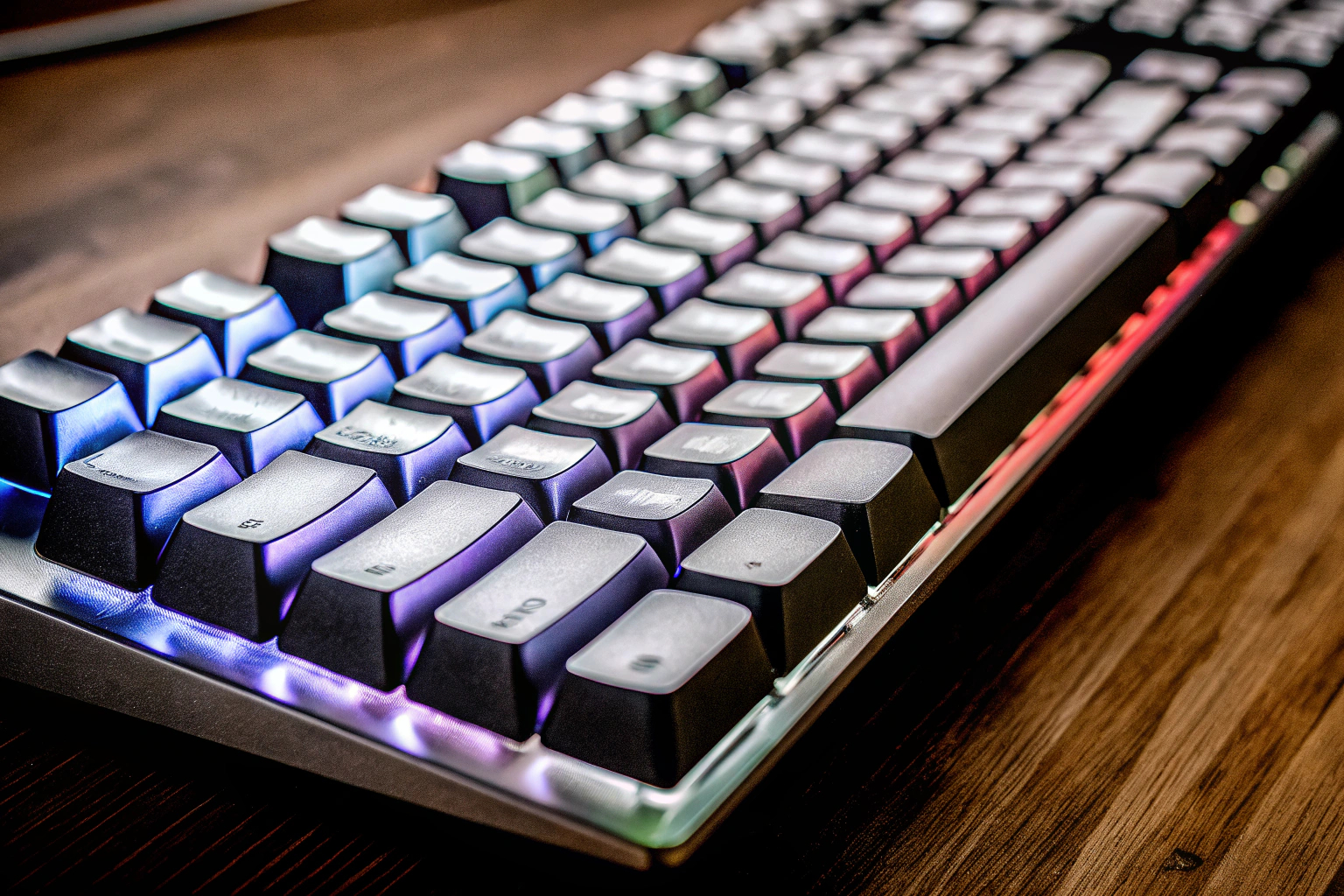 Nahaufnahme der TECKNET RGB Gaming Tastatur mit beleuchteten Tasten. TECKNET RGB Gaming Tastatur