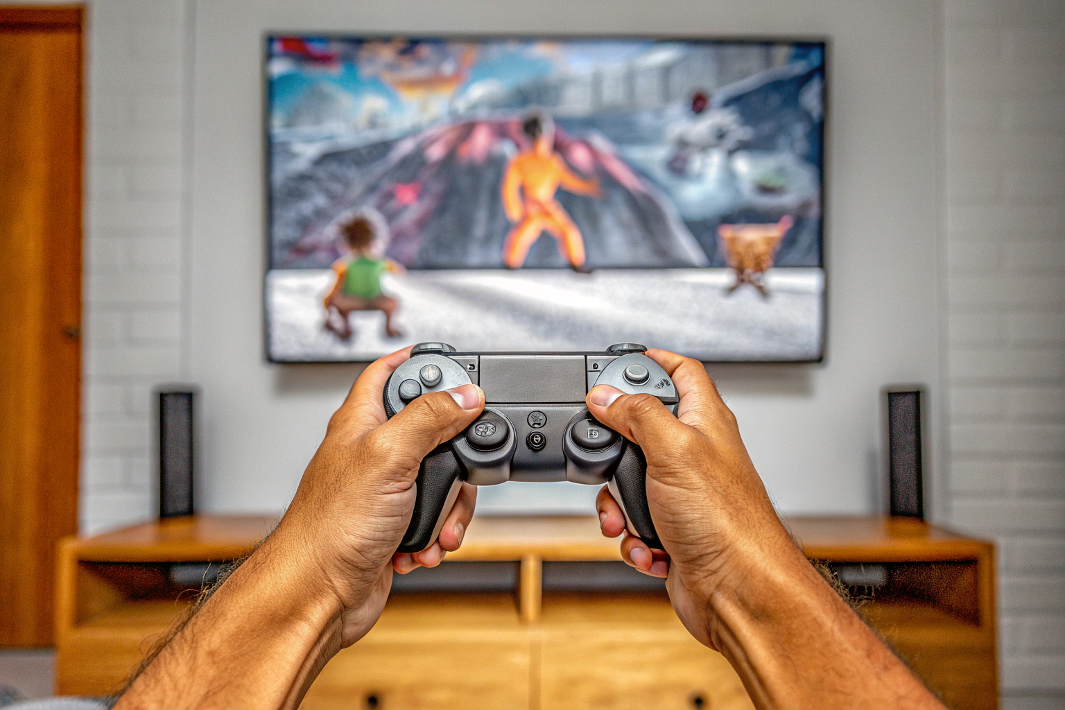 Nahaufnahme einer Person, die einen Controller hält und auf einem großen Bildschirm spielt. Person spielt mit Controller