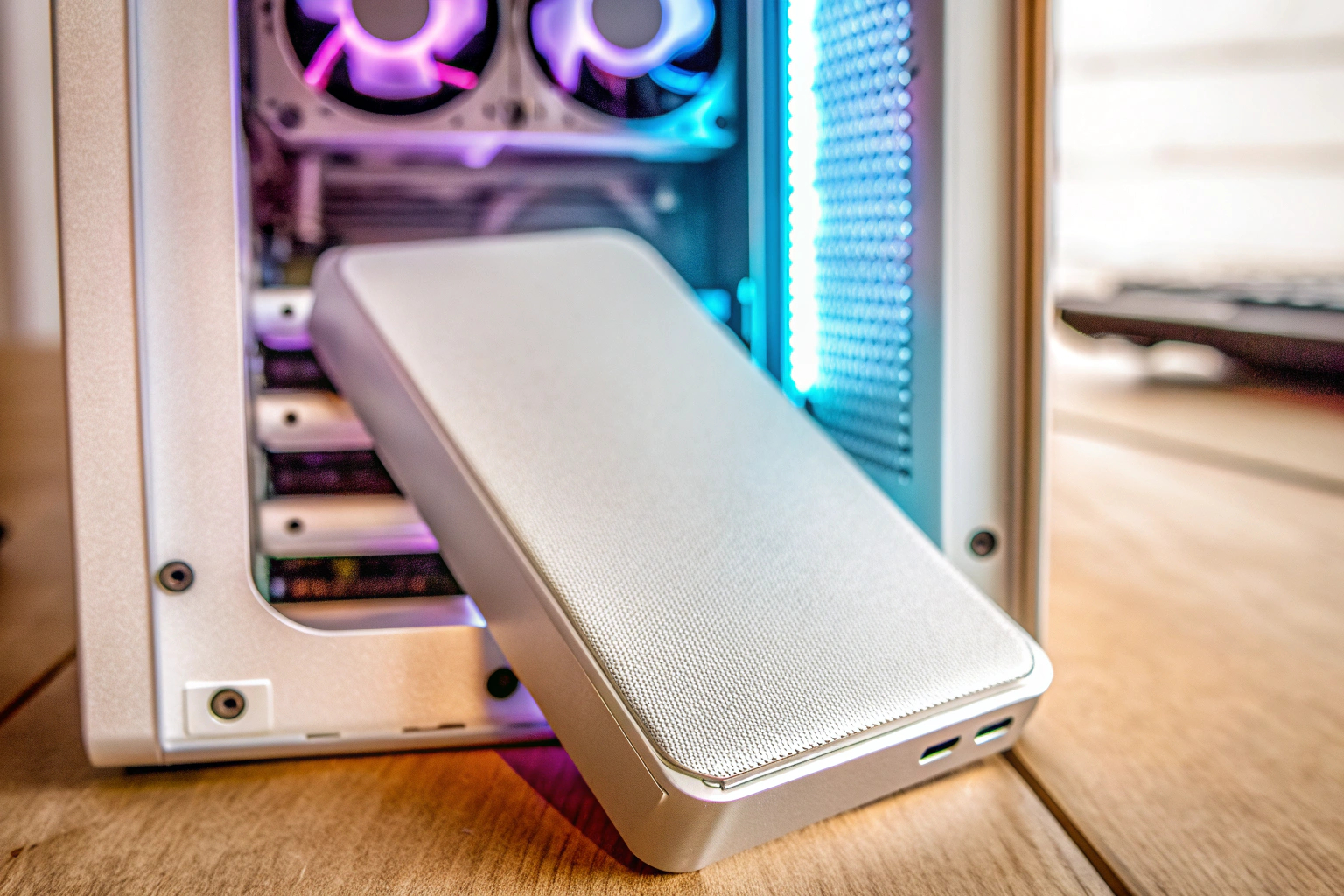 Nahaufnahme einer SSD in einem Computergehäuse, die zeigt, wie einfach der Einbau ist. SSD-Einbau in einen Computer