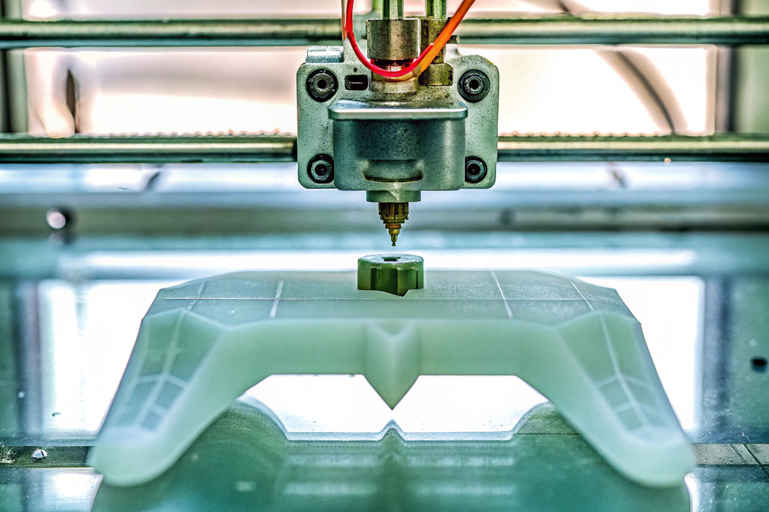 Nahaufnahme eines 3D-Druckprozesses, bei dem ein Gaming-Controller-Gehäuse gedruckt wird. 3D-Druck Gaming-Controller