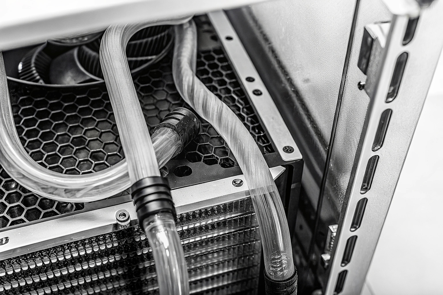 Nahaufnahme eines Flüssigkeitskühlungssystems in einem PC, das die Schläuche und den Radiator zeigt Flüssigkeitskühlungssystem im PC