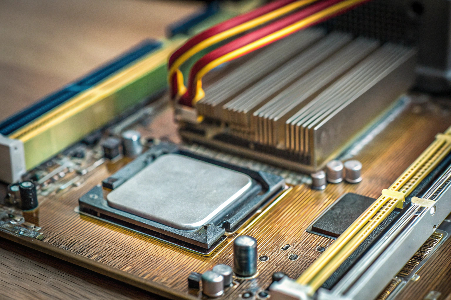 Nahaufnahme eines Mainboards mit installierter CPU und RAM Mainboard mit CPU und RAM