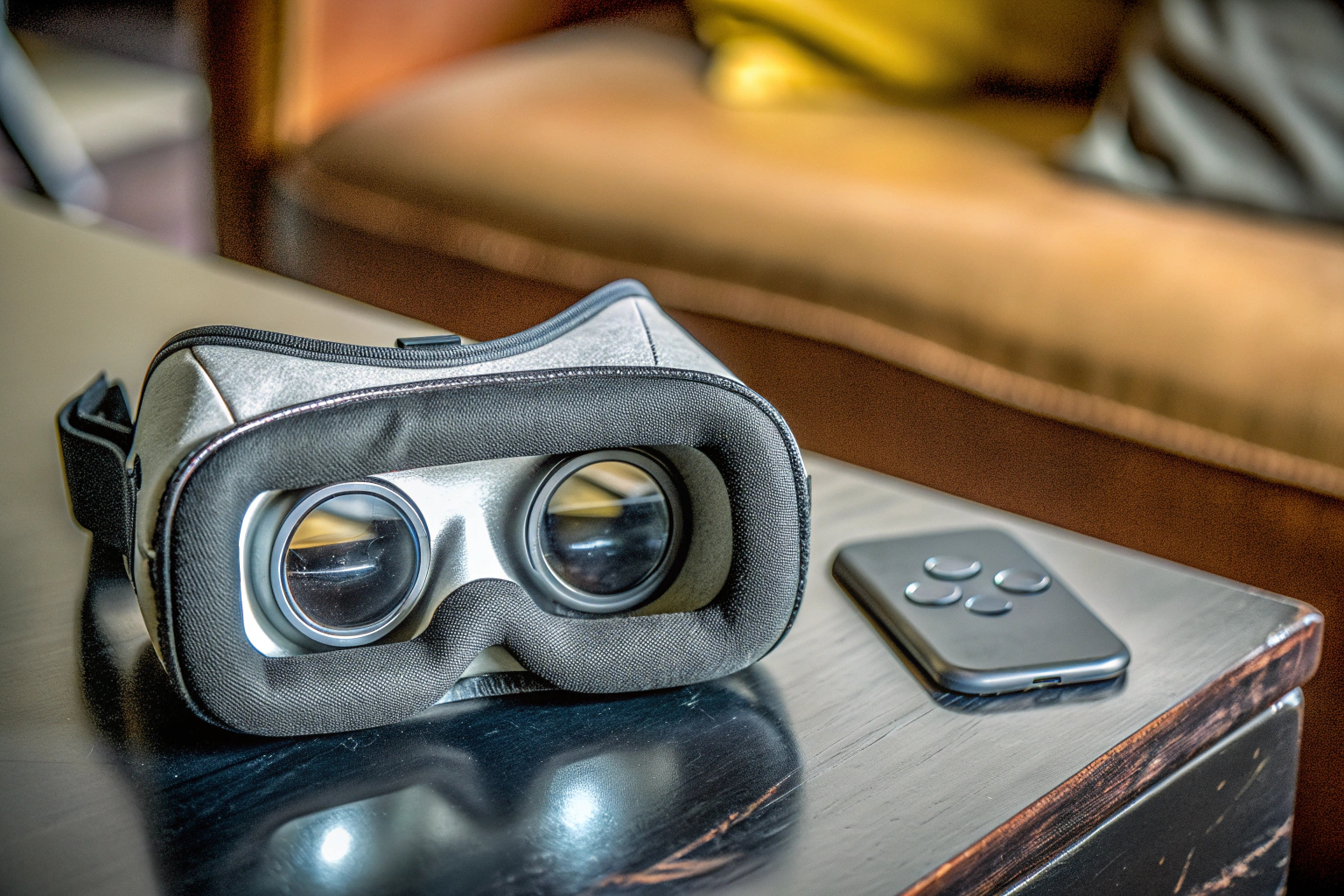 Nahaufnahme eines VR-Headsets mit sichtbaren Linsen und Bedienelementen. VR-Headset Detailaufnahme