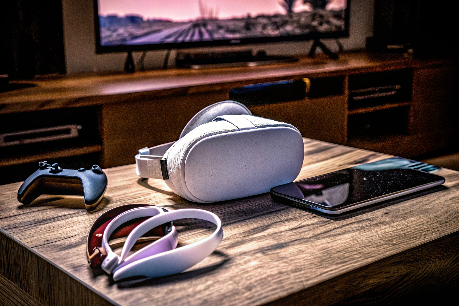 Oculus Quest 2 mit verschiedenen Zubehörteilen auf einem Tisch, bereit für eine VR-Session. Oculus Quest 2 mit Zubehör