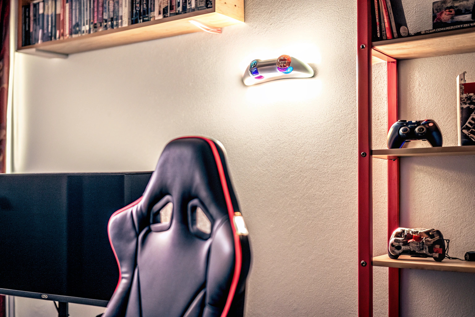 Personalisierte Wandlampe in einem stilvoll eingerichteten Gaming-Zimmer. Personalisierte Gaming-Wandlampe