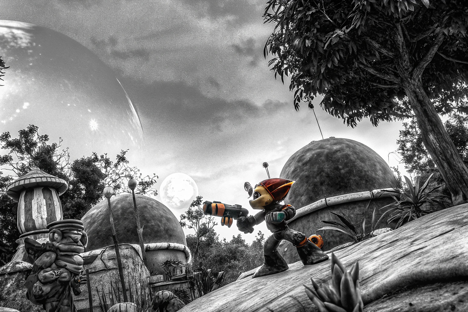 Ratchet & Clank in einer actiongeladenen Spielszene, die die beeindruckende Grafik der PS5 zeigt. Ratchet & Clank Rift Apart PS5 Grafik