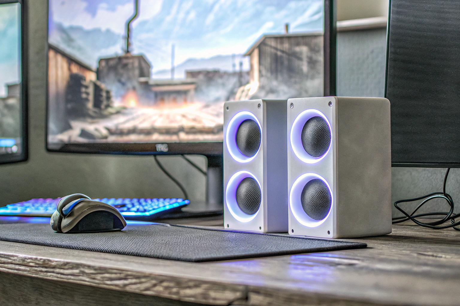 Redragon GS510 Lautsprecher mit RGB-Beleuchtung in einem modernen Gaming-Setup. Redragon GS510 RGB