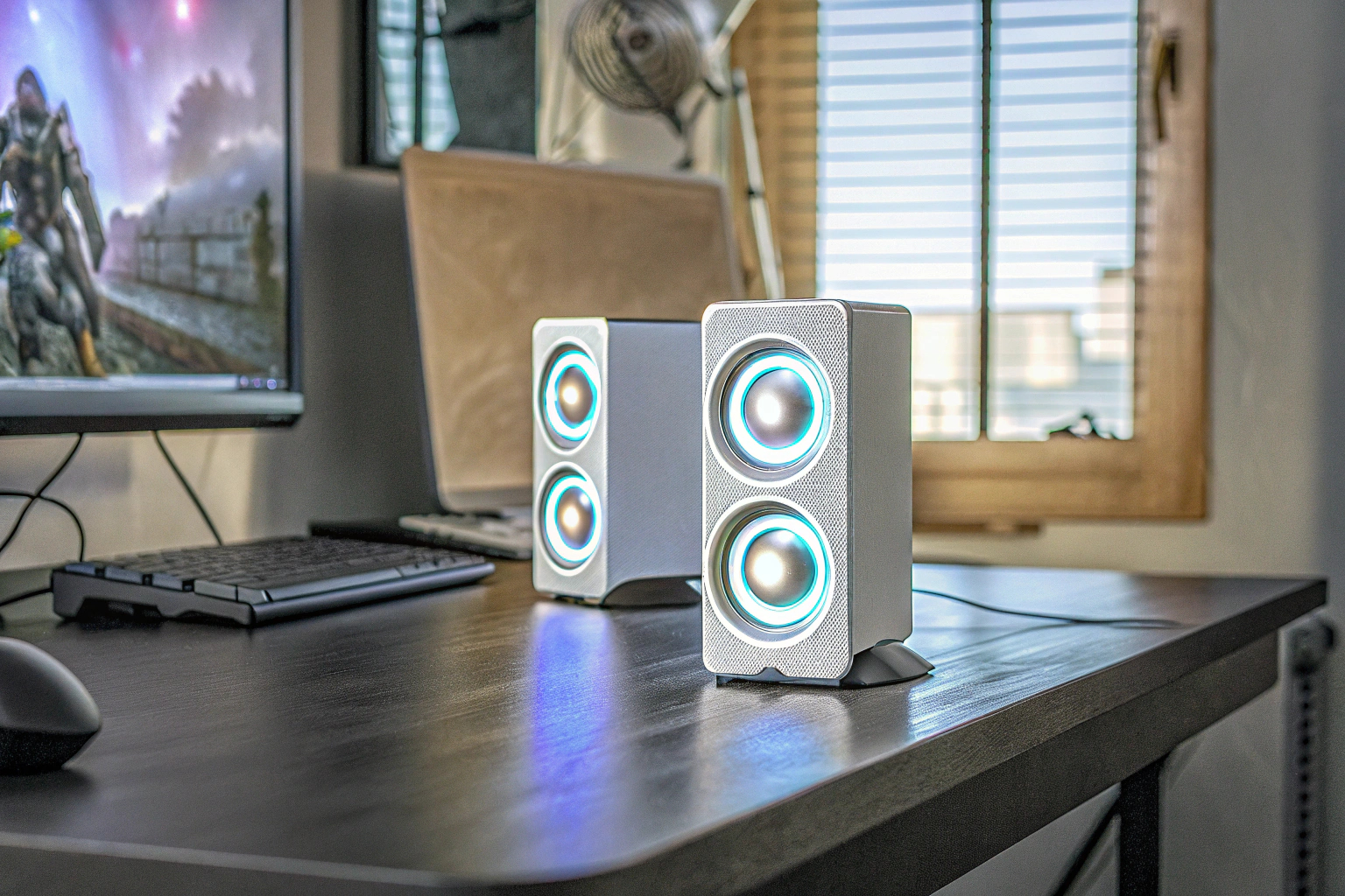 RGB-beleuchtete Lautsprecher in einem modernen Gaming-Setup. RGB-beleuchtete Lautsprecher