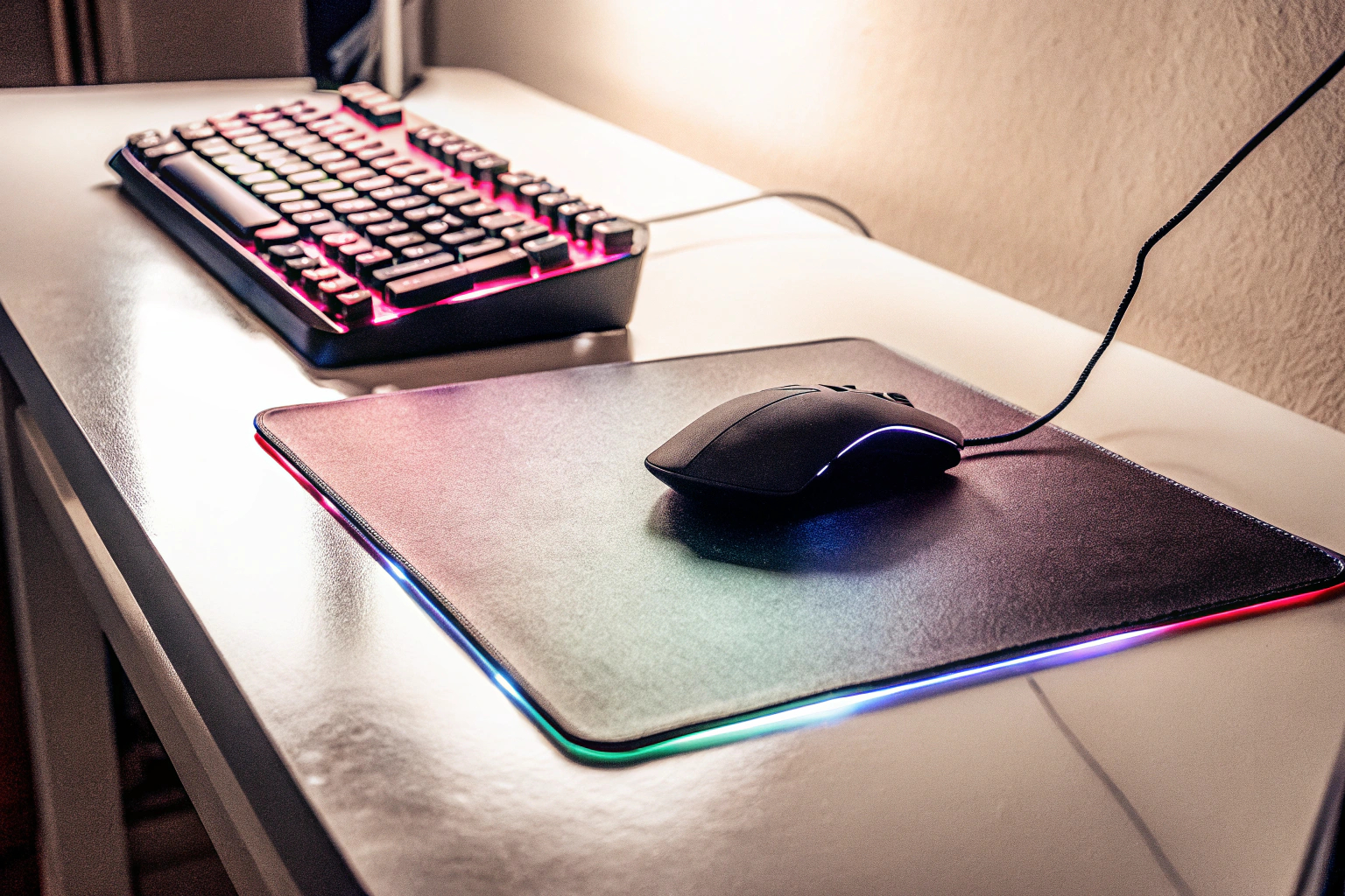 RGB Mousepad mit leuchtenden Farben, platziert auf einem Gaming-Schreibtisch mit Tastatur und Maus. RGB Mousepad Gaming-Setup