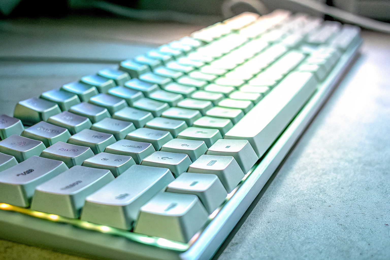 Rii Gaming Tastatur mit Regenbogen-LED-Hintergrundbeleuchtung in einem dunklen Raum. Rii Gaming Tastatur mit LED-Beleuchtung