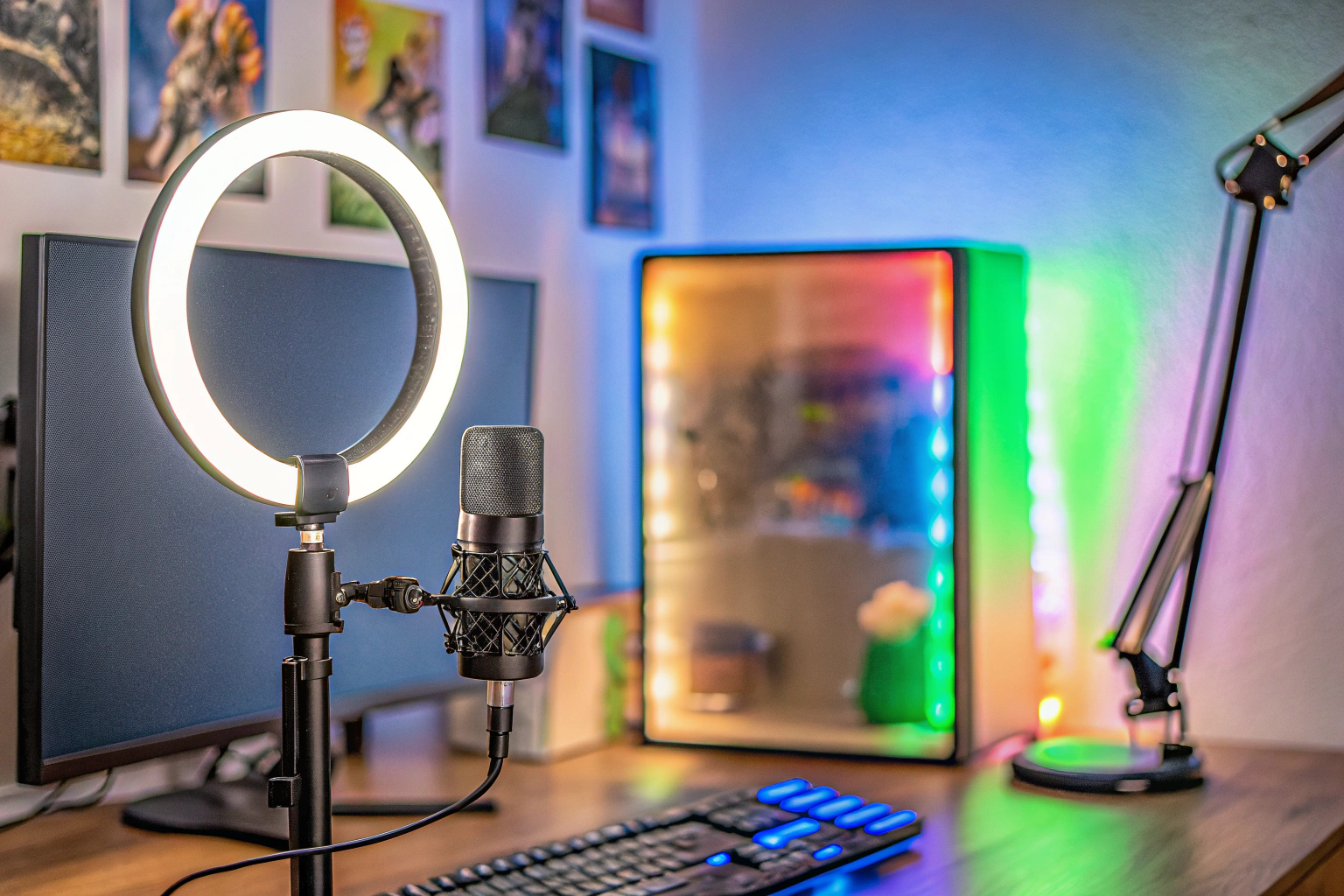 Setup für einen Twitch-Streamer mit Computer, Mikrofon und Beleuchtung. Twitch-Streaming-Ausrüstung