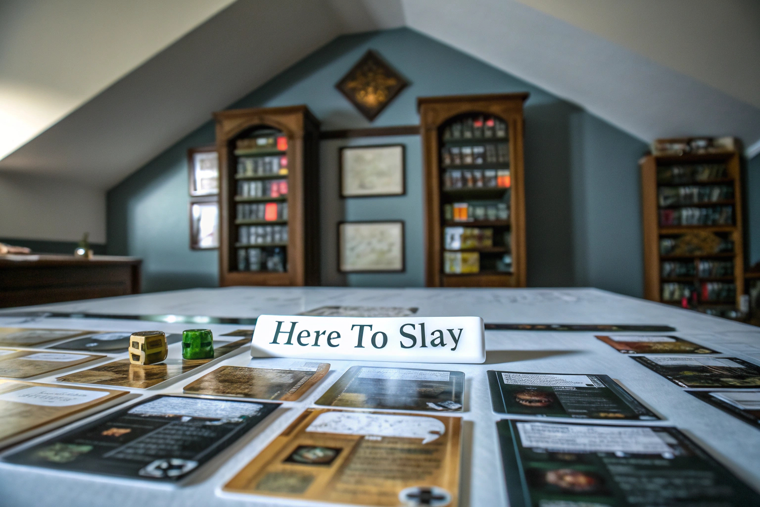 Spieler bei einer Partie Here to Slay, umgeben von Karten und strategischen Überlegungen. Here to Slay Kartenspiel