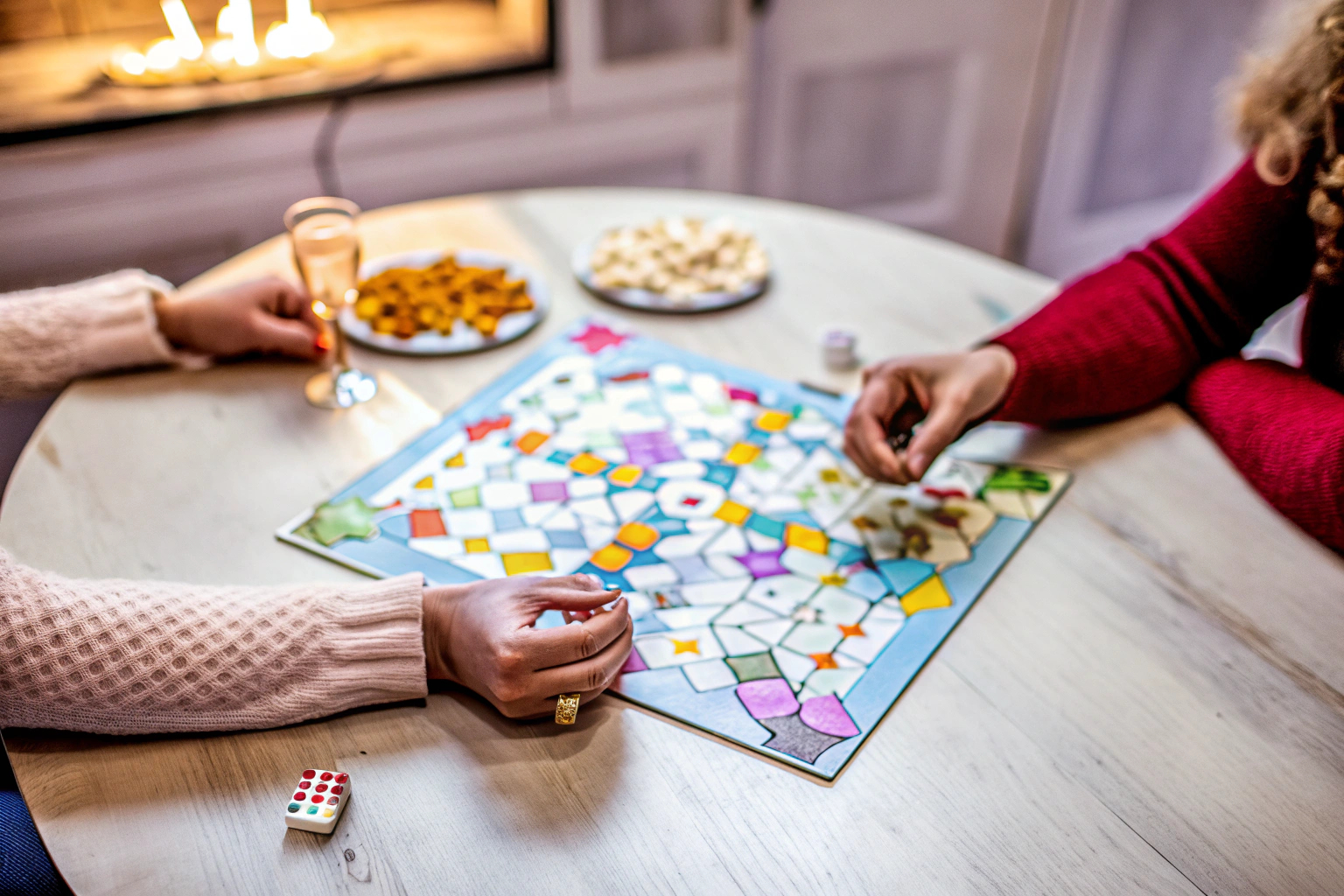 Spieler beim gemeinsamen Spielen eines Teamplay-Brettspiels in geselliger Runde. Teamplay Brettspiel in geselliger Runde