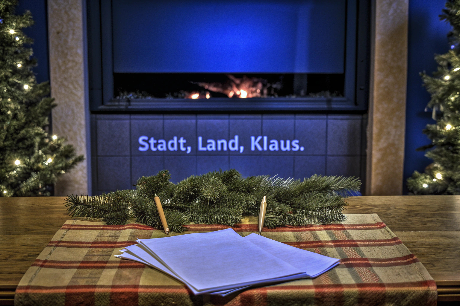 Spieler beim Spielen von Stadt, Land, Klaus mit einem Block und Stift, umgeben von weihnachtlicher Dekoration. Stadt, Land, Klaus Spielszene