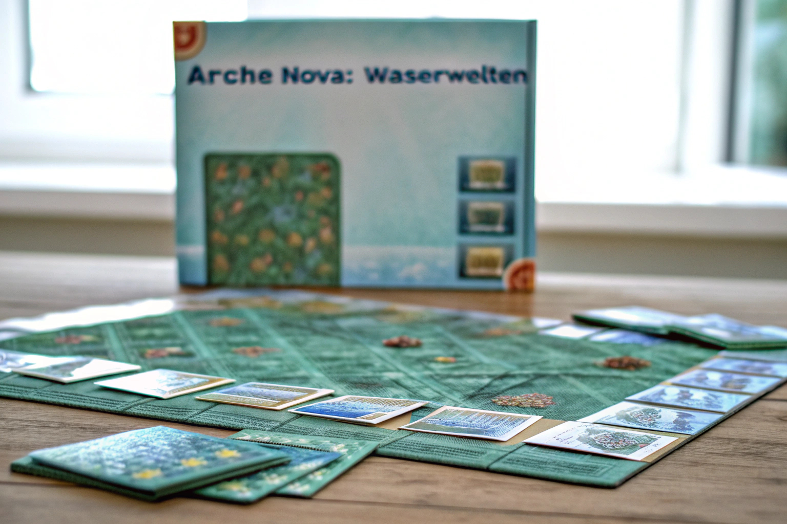 Spieler, die bei einem Strategiespielabend die Arche Nova: Wasserwelten-Erweiterung erkunden. Arche Nova: Wasserwelten-Erweiterung im Spiel