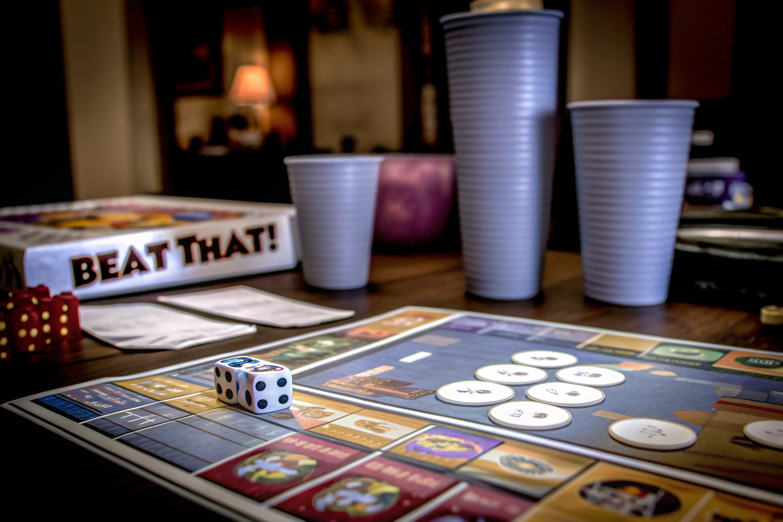 Spieler, die das Beat That! Brettspiel spielen und verschiedene Herausforderungen meistern. Beat That! Brettspiel in Aktion