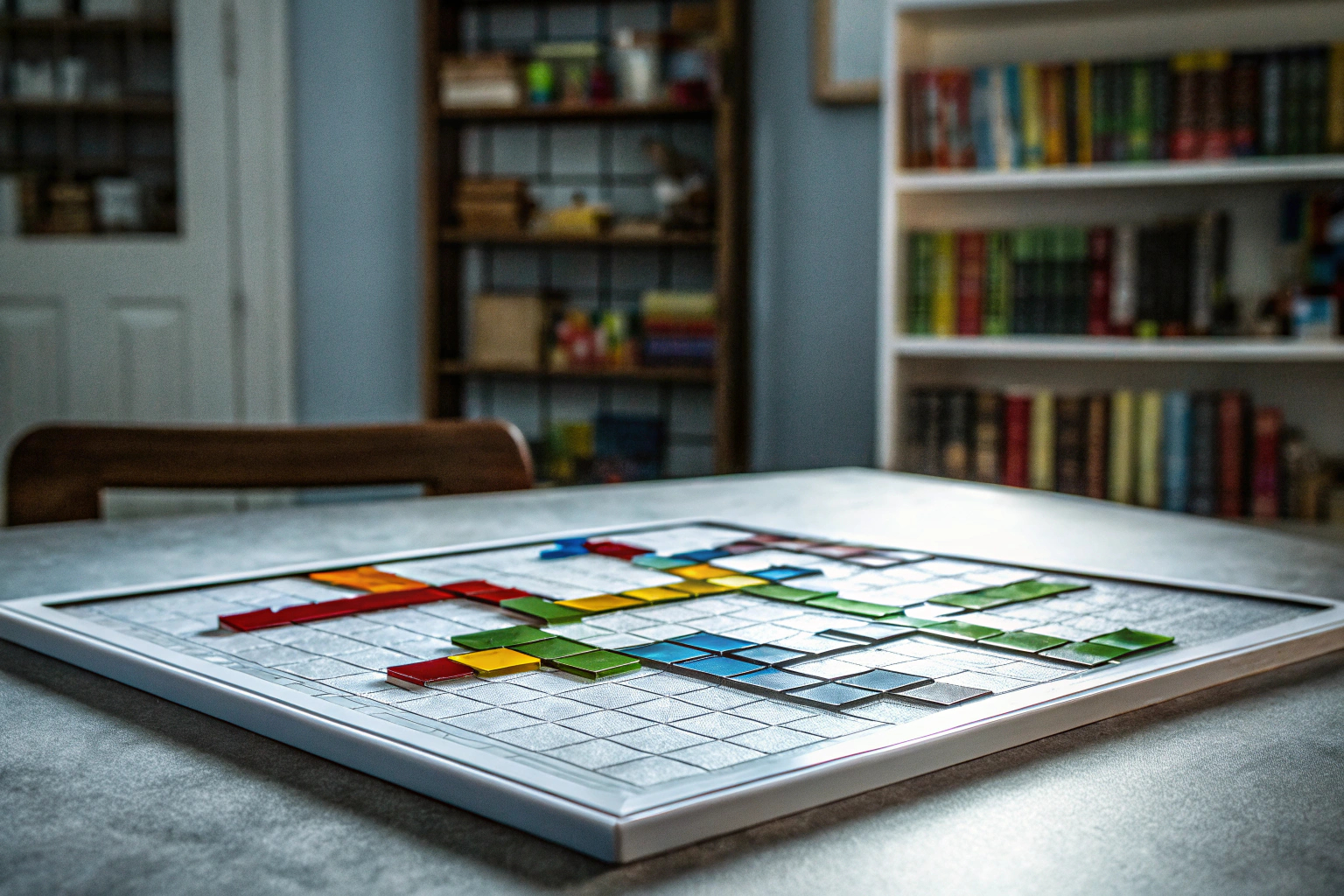 Spieler, die ein Blokus-Spiel spielen, mit bunten Steinen auf dem Brett. Blokus Spiel in Aktion