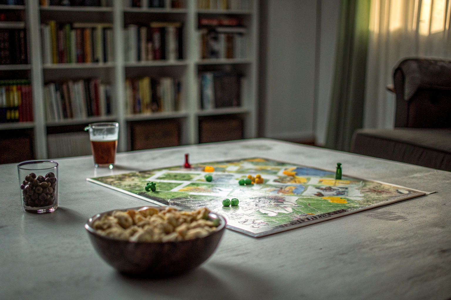 Spieler, die ein Brettspiel auf einem Tisch spielen, mit bunten Spielfiguren und einem lebendigen Spielbrett. Brettspielsession mit Freunden