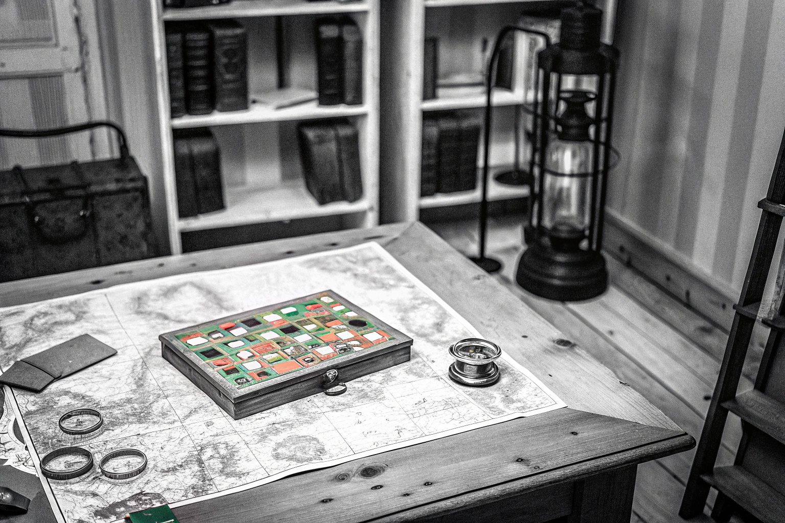 Spieler, die ein kooperatives Brettspiel spielen, umgeben von einem abenteuerlichen Setting. Kooperatives Brettspiel in abenteuerlichem Setting