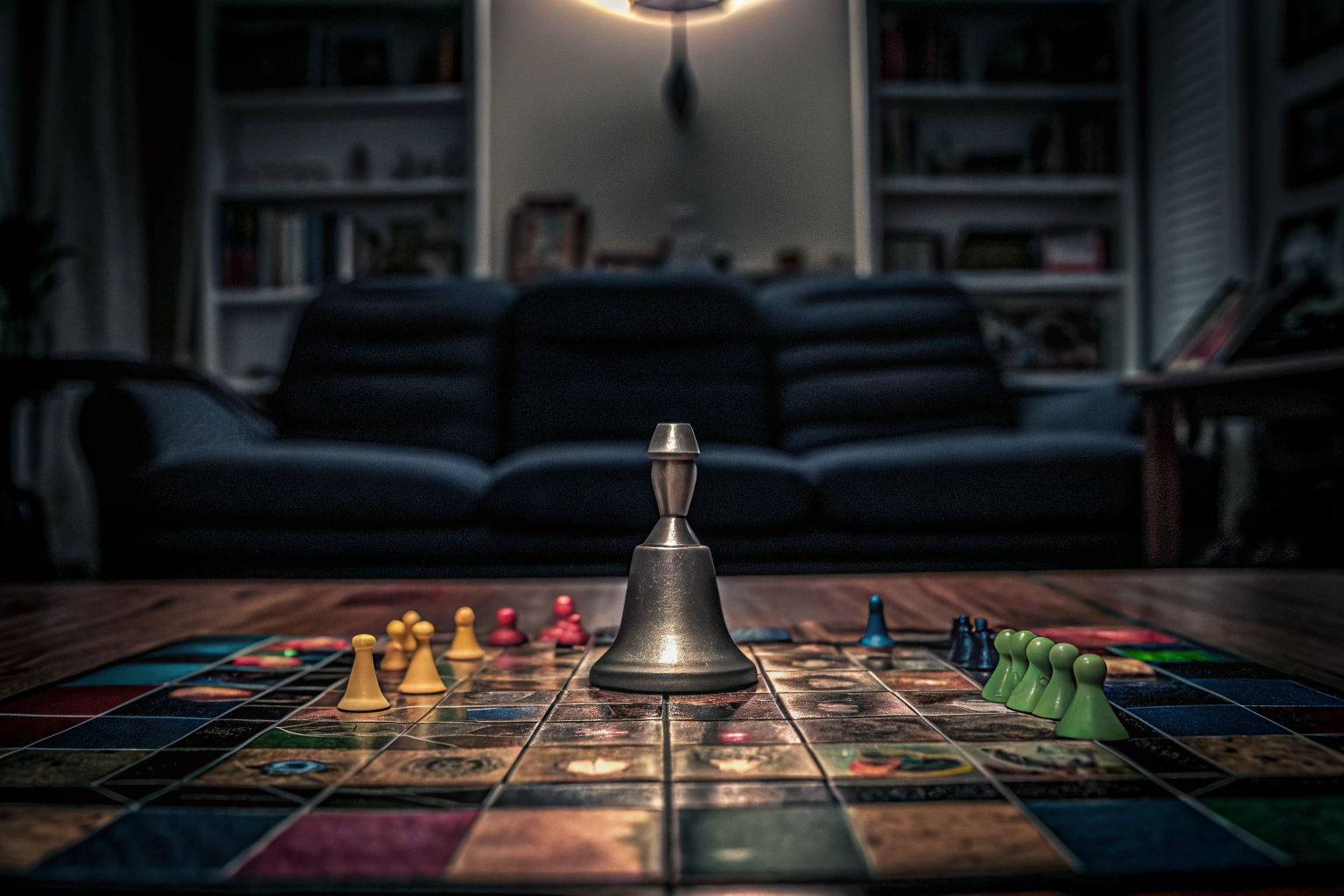 Spieler, die Halli Galli spielen und gespannt auf die Glocke schauen. Halli Galli Spielszene