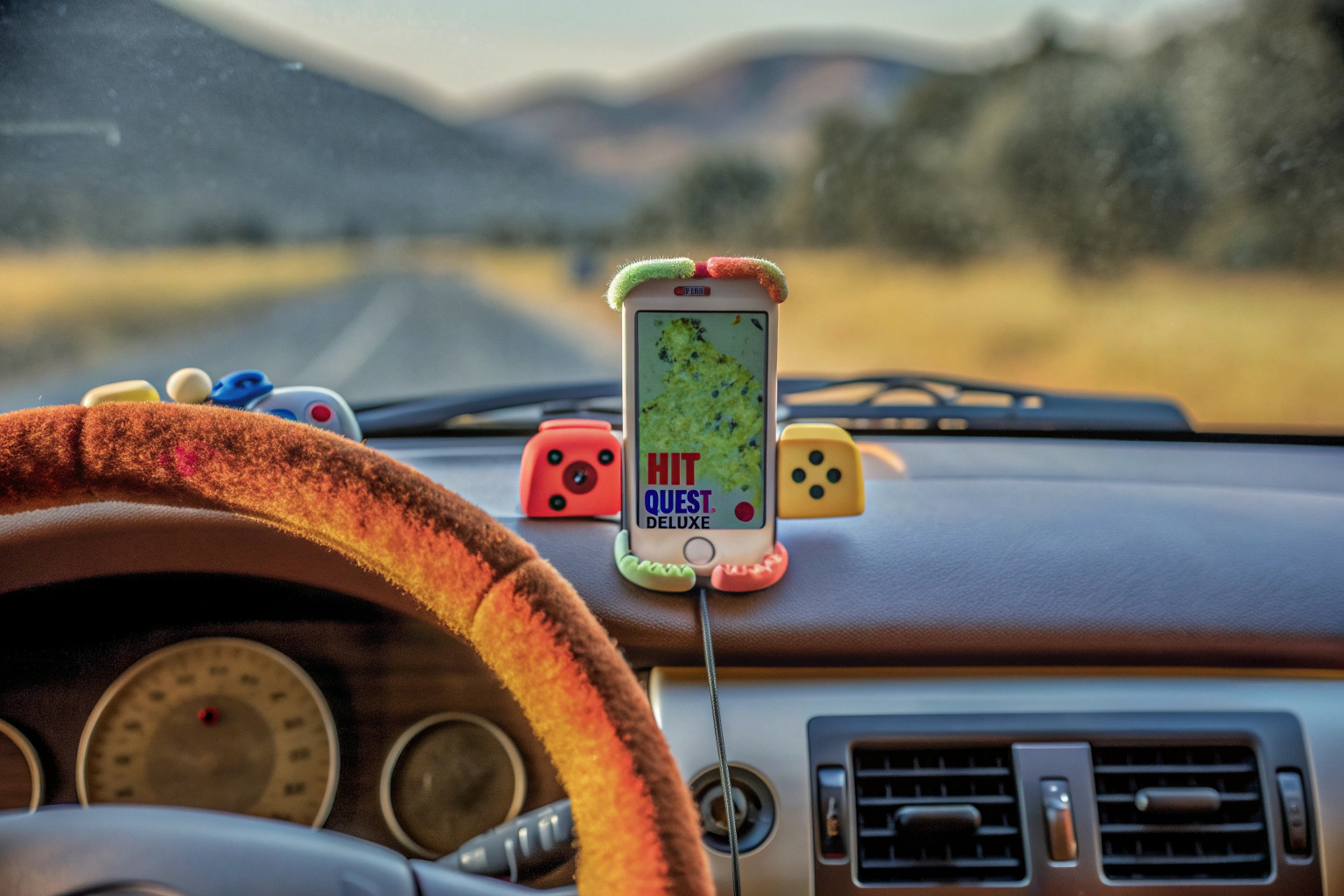 Spieler, die Hit Quest Deluxe während einer Autofahrt spielen Hit Quest Deluxe auf Reisen spielen