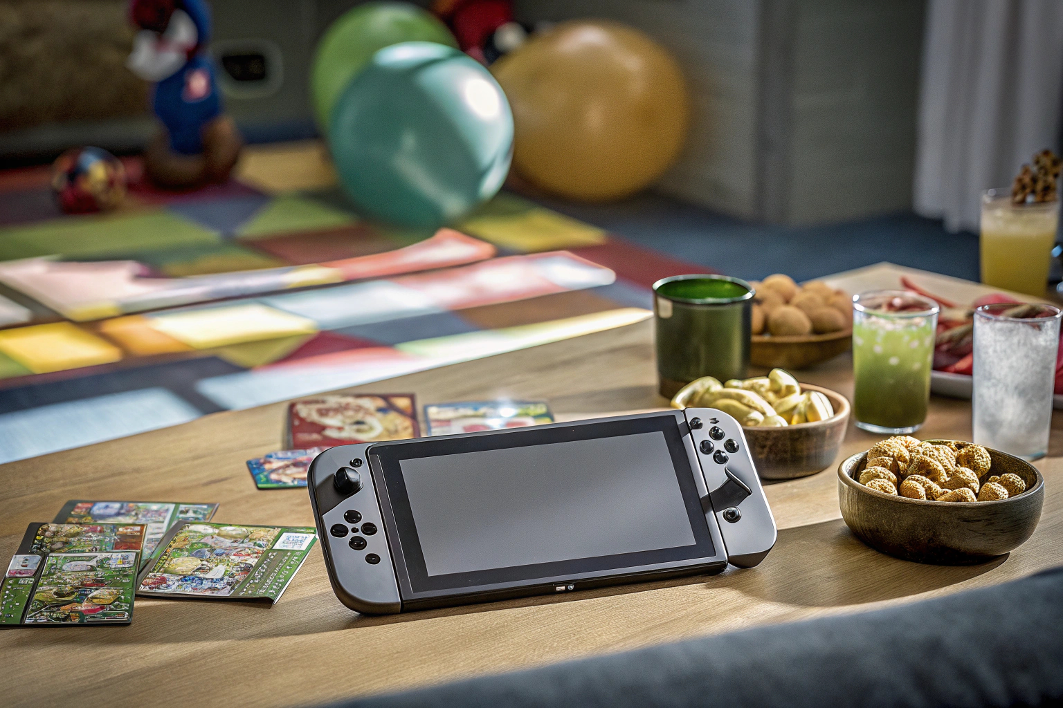 Spieler, die sich bei Super Mario Party Jamboree amüsieren, während sie an einem Tisch sitzen und gemeinsam spielen. Super Mario Party Jamboree auf Nintendo Switch