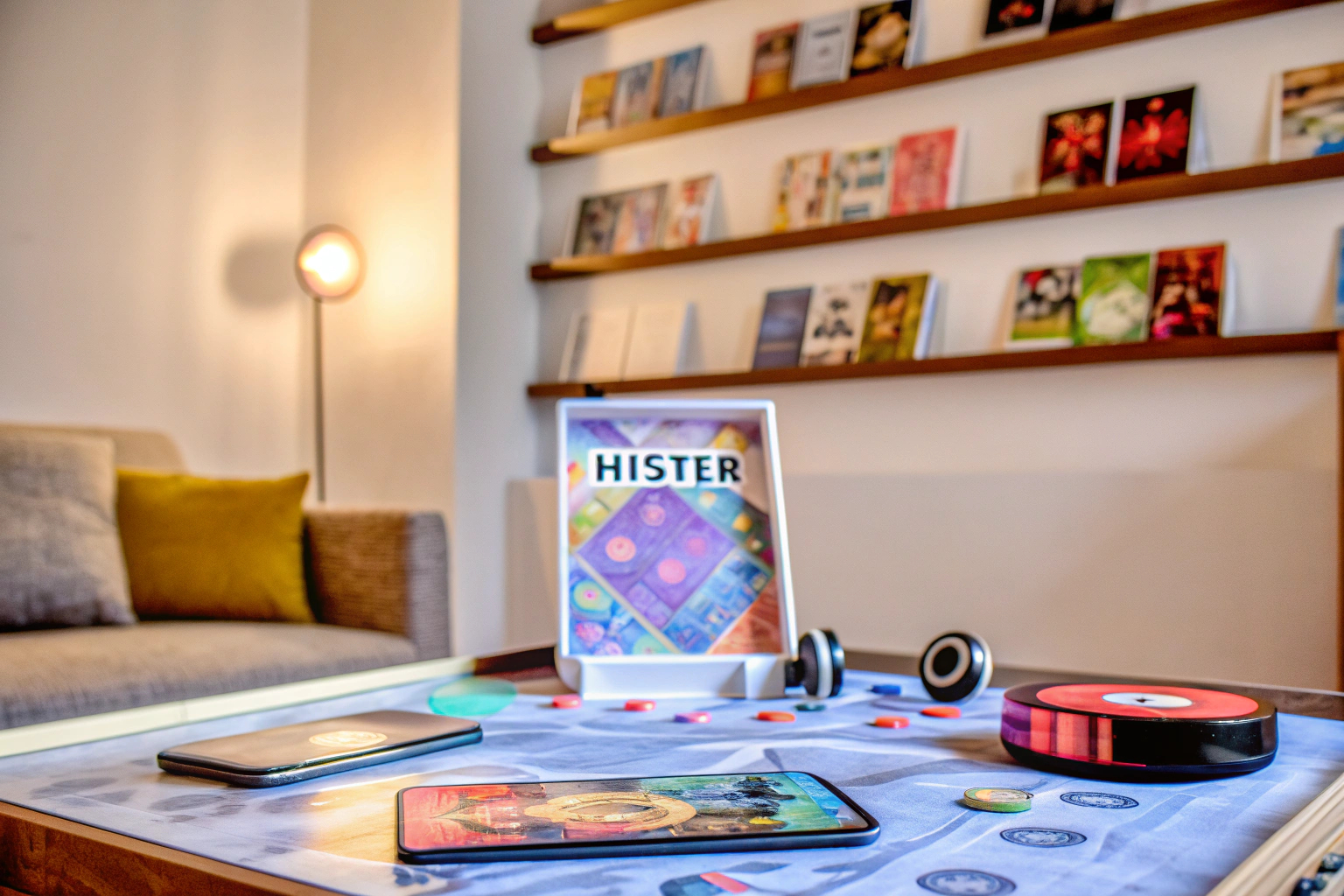 Spieler genießen eine Partie Hitster auf einem Spieleabend, während sie Musik hören und die Songs in chronologischer Reihenfolge anordnen. Hitster Kartenspiel in Aktion