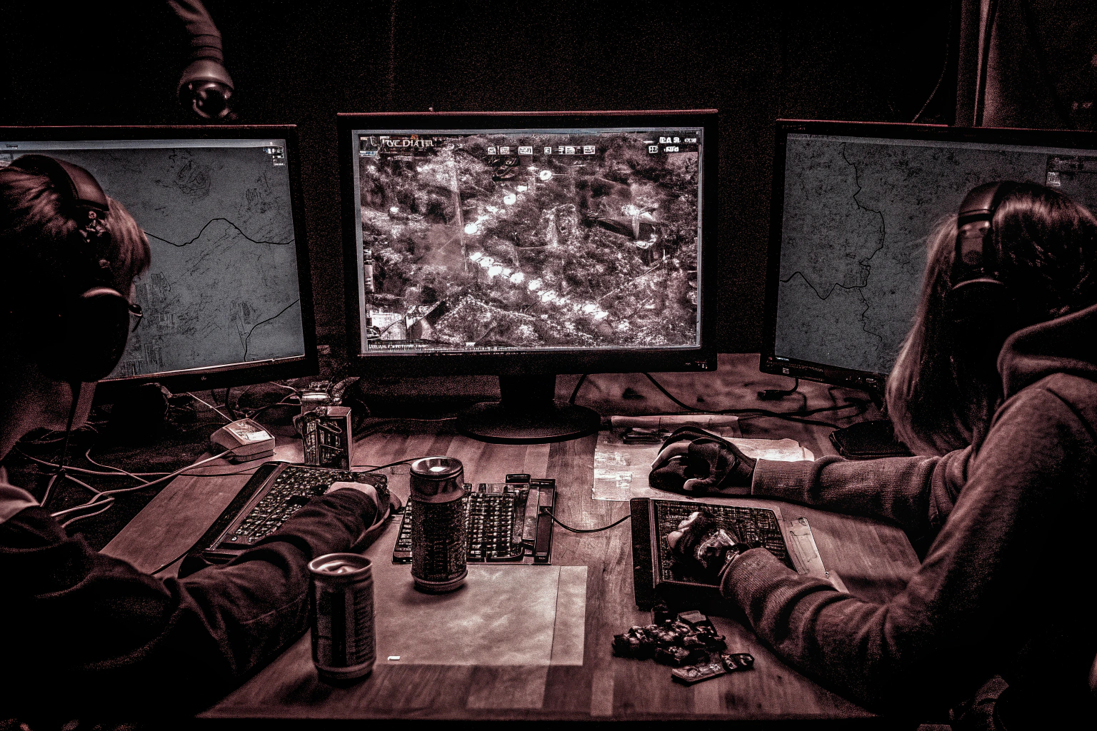 Spieler in einem strategischen Mehrspieler-Spiel, die ihre Taktik besprechen. Strategische Besprechung in einem Mehrspieler-Spiel