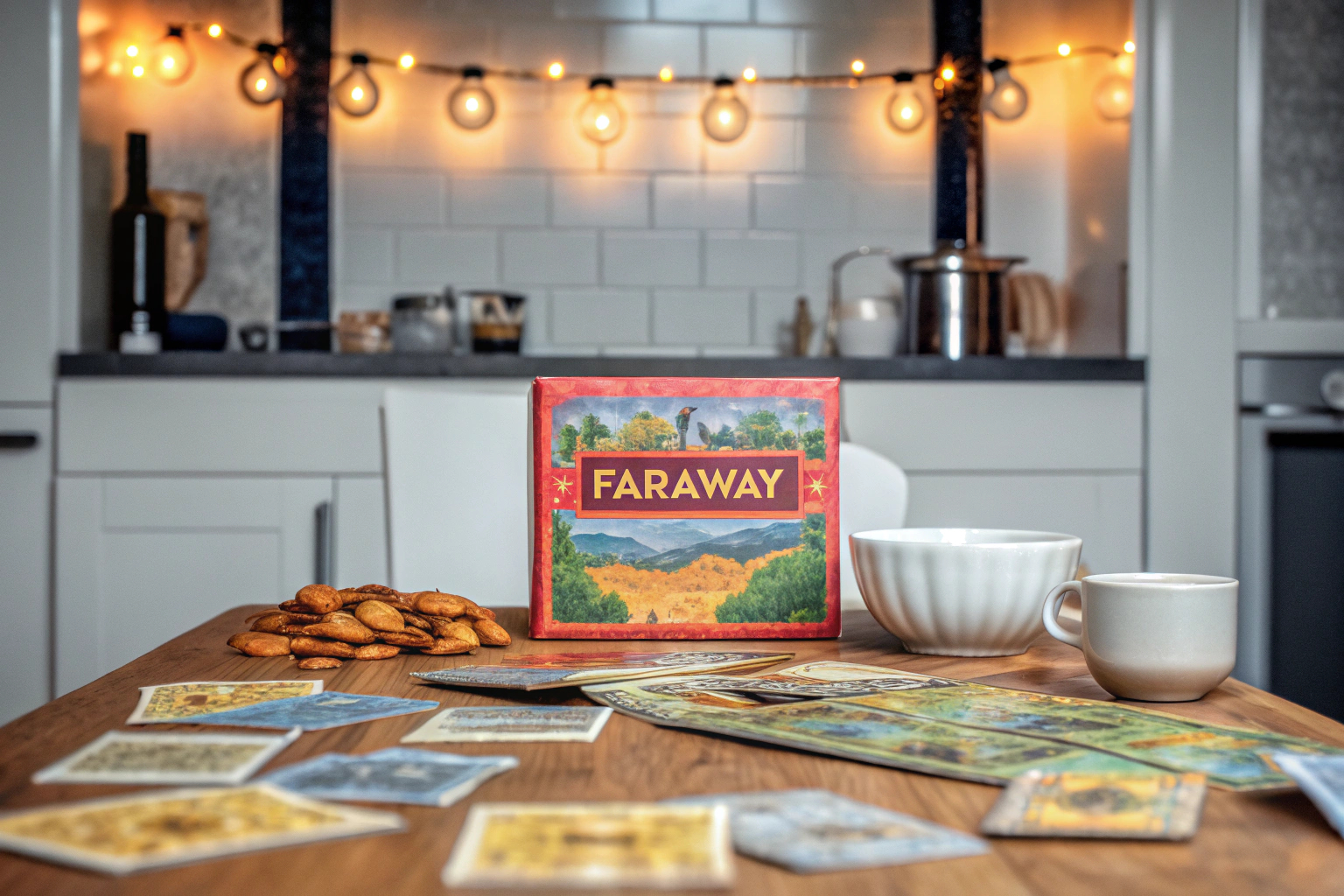 Spielergruppe genießt eine Runde des Kartenspiels Faraway an einem Küchentisch. Faraway Kartenspielrunde