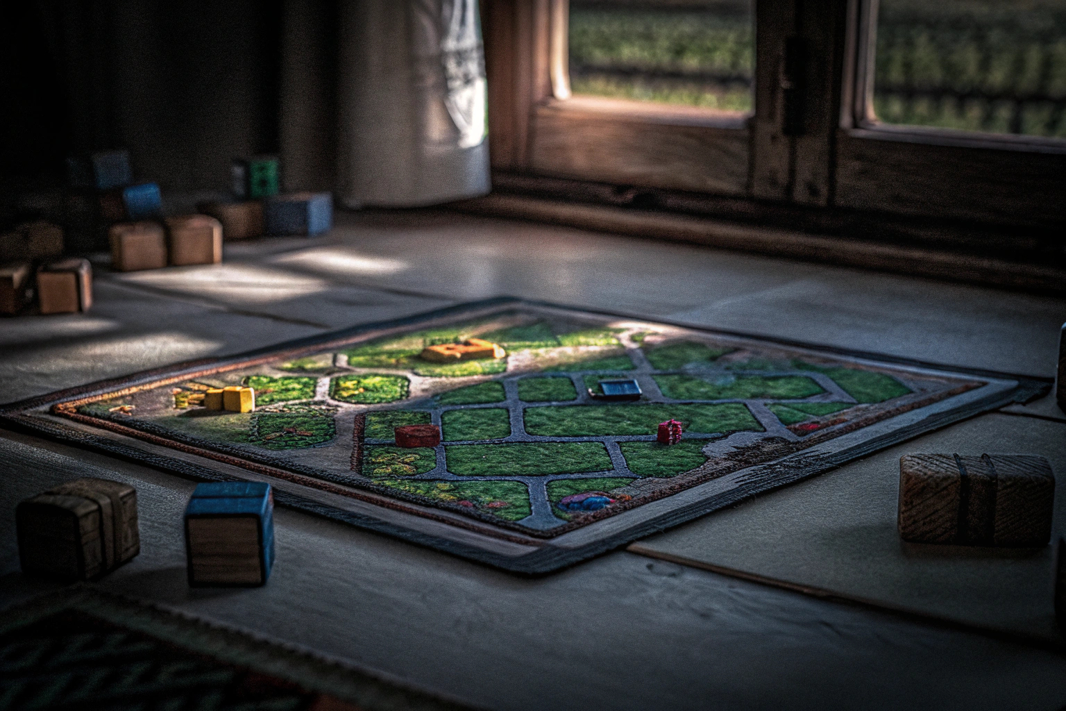 Spielmaterial von Dorfromantik, das die liebevoll gestalteten Spielkarten und Figuren zeigt. Spielmaterial von Dorfromantik