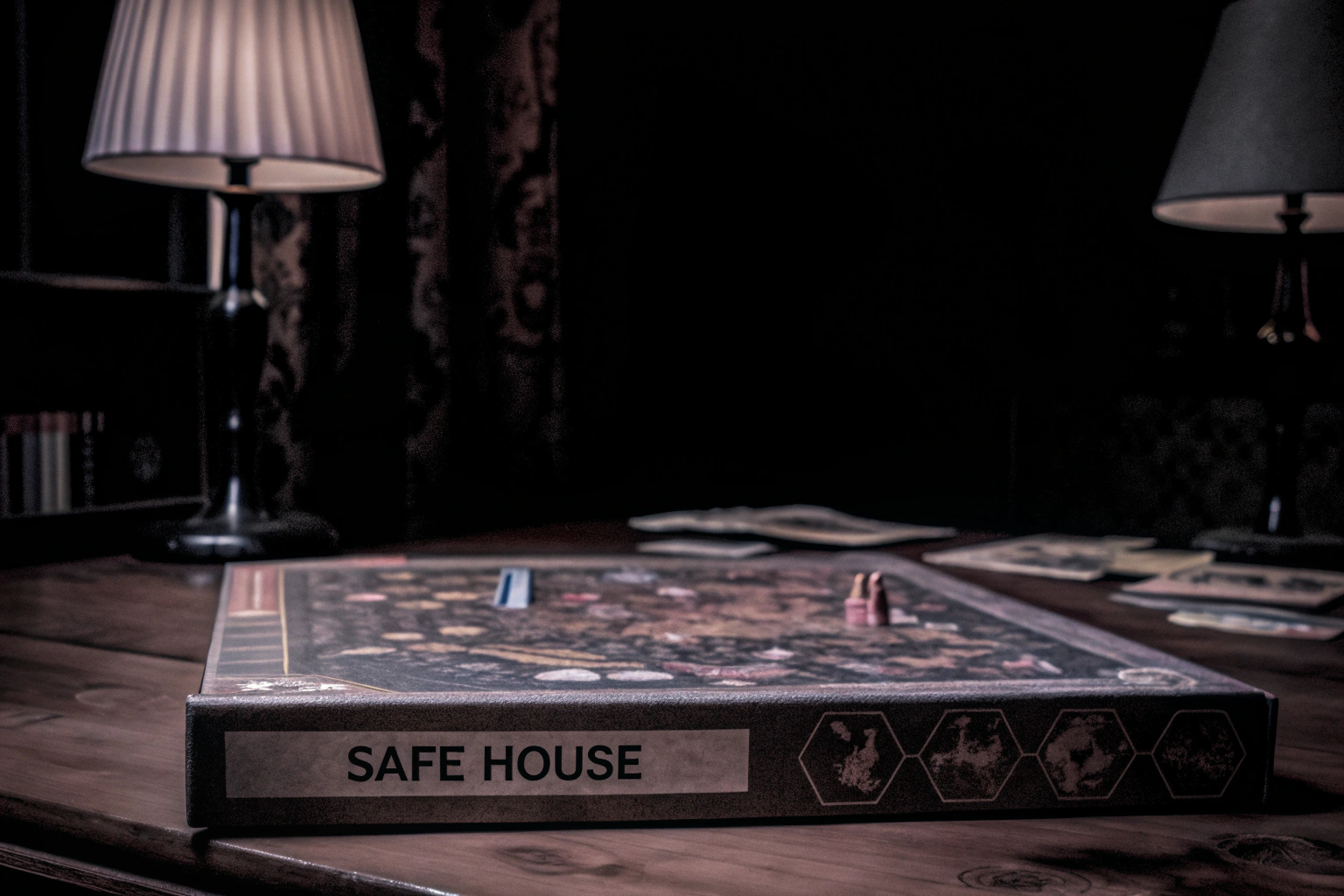 Spielszene aus Safe House mit dem Spielbrett und Karten. Safe House Spielszene