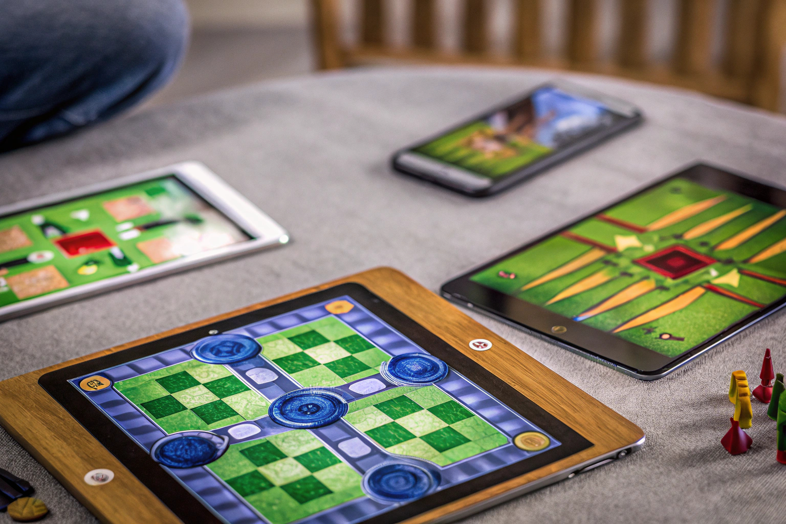 Spielszene von einem innovativen Brettspiel mit digitalen Komponenten. Innovatives Brettspiel mit digitalen Komponenten