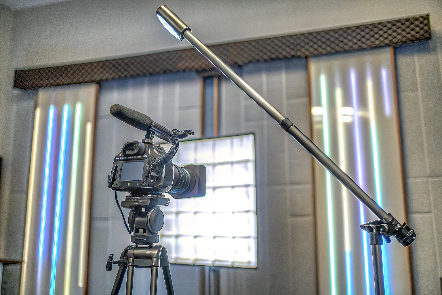 Stream-Setup mit Mikrofon, Kamera und Dual-Monitor-Setup, bereit für professionelles Streaming. Professionelles Stream-Setup mit Mikrofon und Kamera