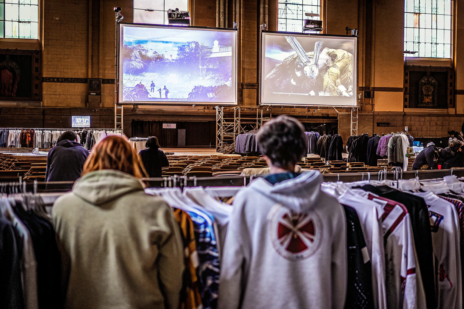 Teilnehmer eines Gaming-Events tragen Merchandise wie T-Shirts und Hoodies. Gaming-Event Merchandise