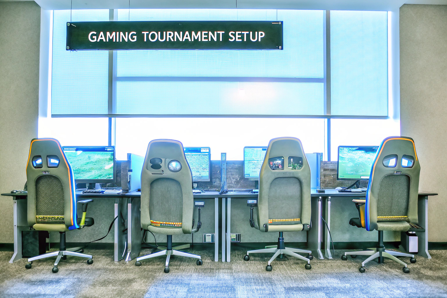 Teilnehmer eines Gaming-Turniers in einem gut beleuchteten Raum mit bequemen Sitzgelegenheiten. Gaming-Turnier