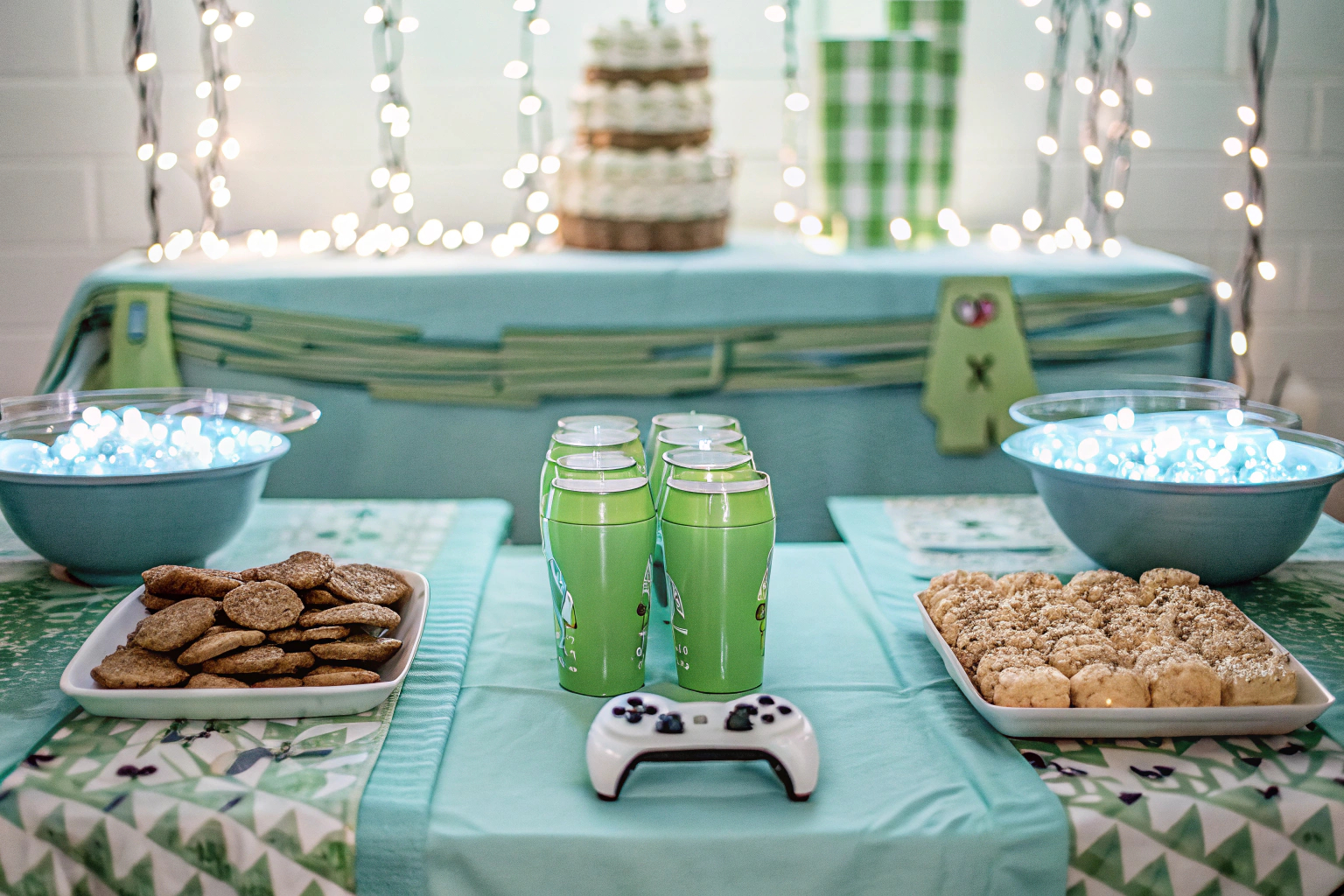 Thematisch dekorierter Tisch für eine Gaming-Party mit Geschirrset und Dekorationen. Gaming-Party Dekoration