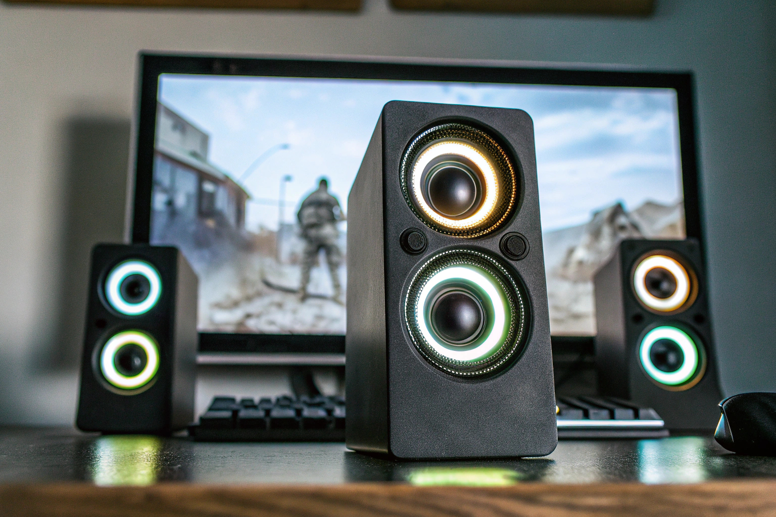 Trust Gaming GXT 38 Lautsprechersystem mit Subwoofer in einem modernen Setup. Trust Gaming GXT 38