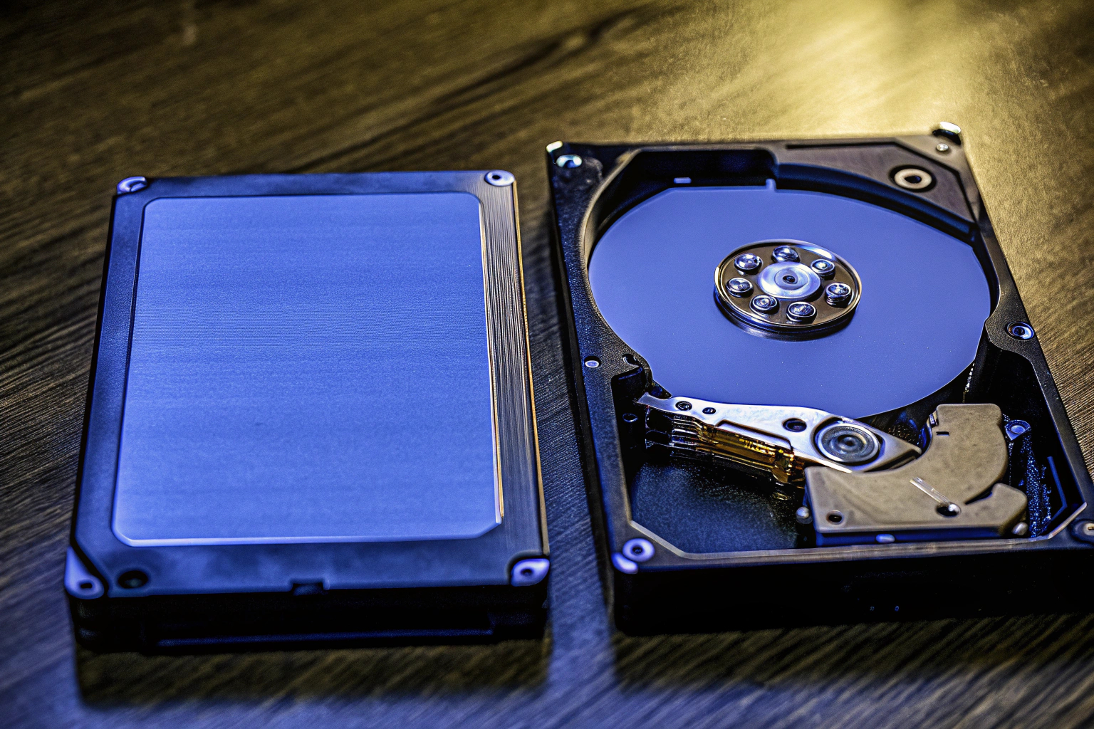 Vergleich zwischen einer SSD und einer HDD, um die Unterschiede in der Bauweise zu verdeutlichen. SSD vs. HDD Vergleich