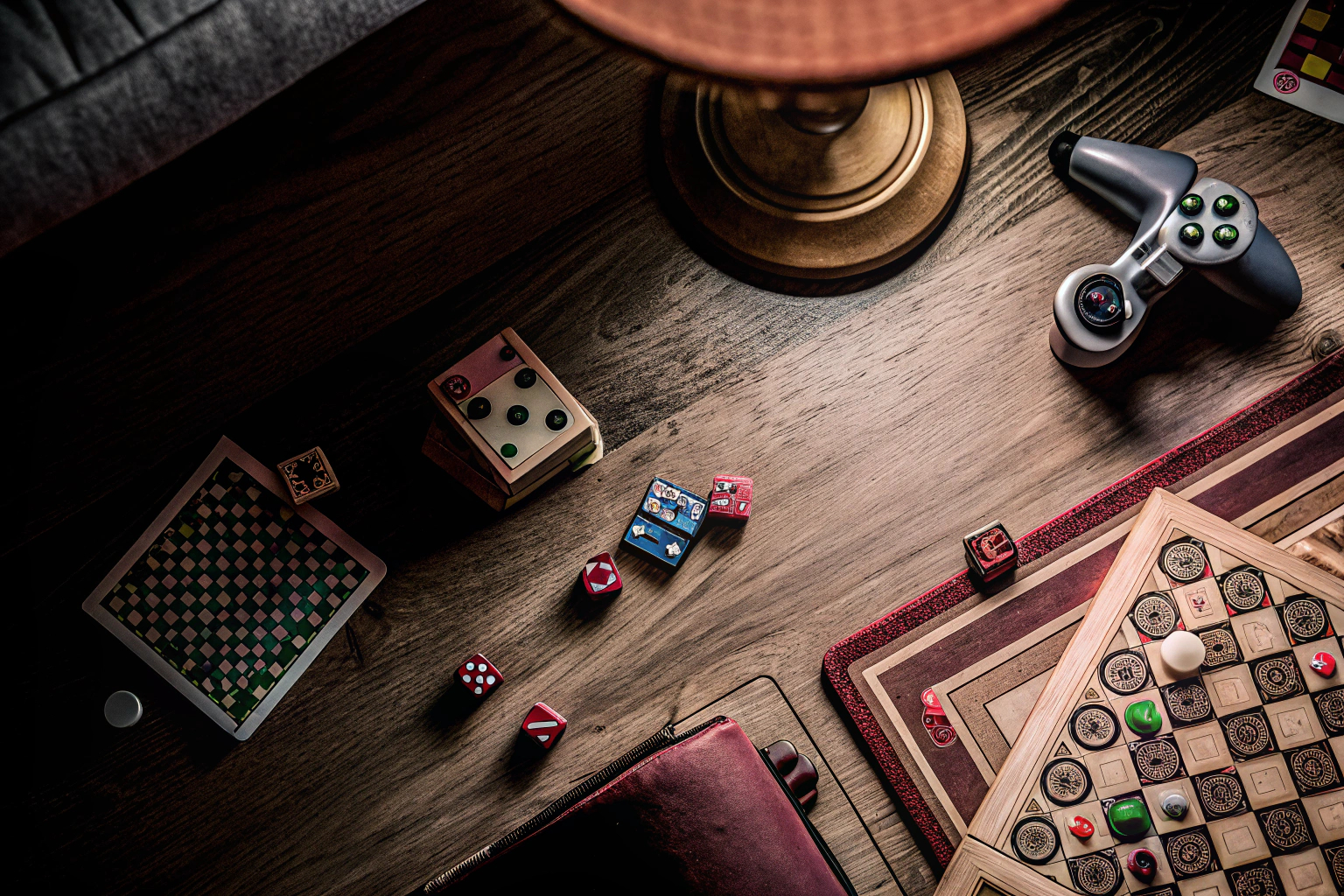 Verschiedene analoge und digitale Spiele auf einem Tisch. Vielfalt an Multiplayer-Spielen