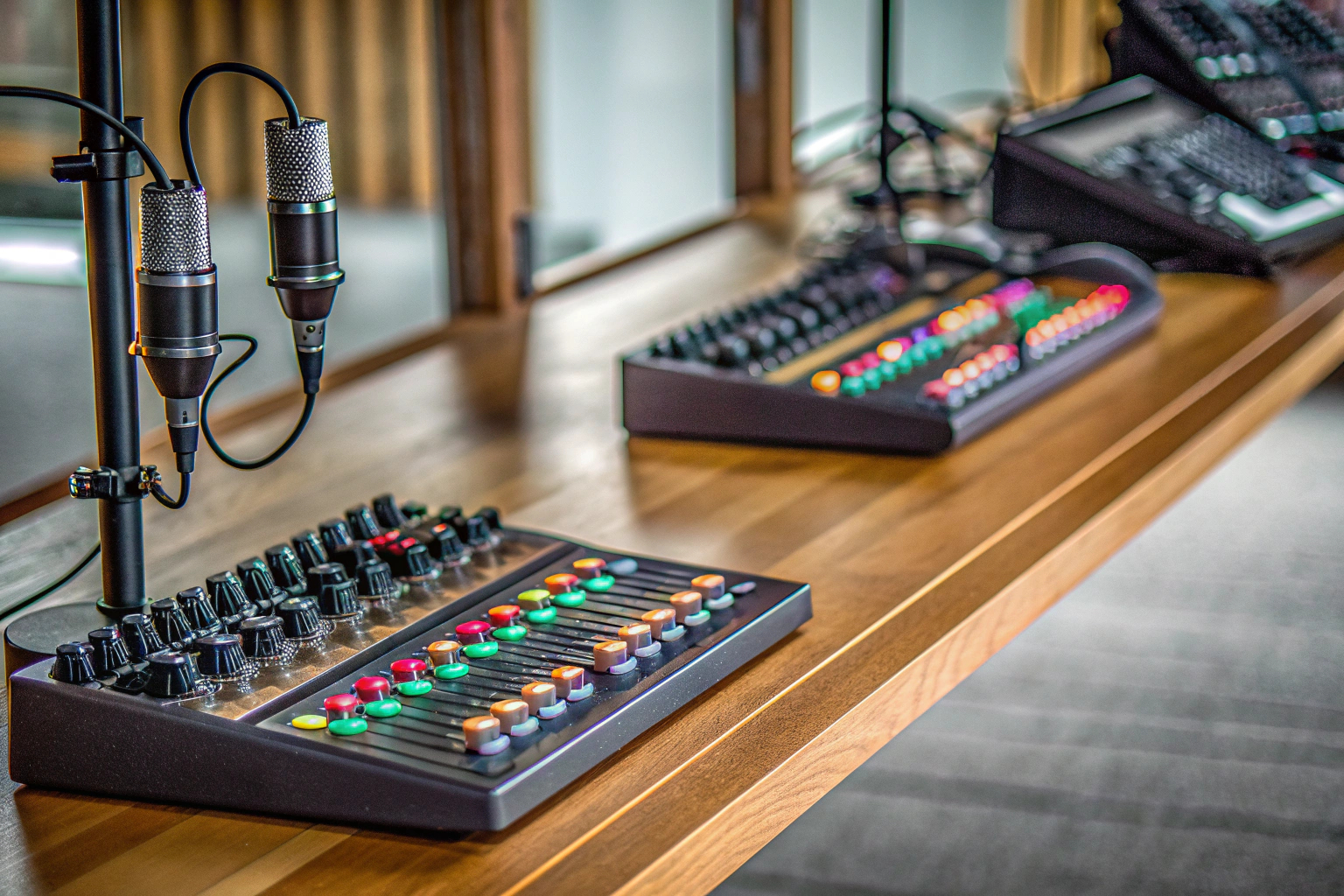 Verschiedene Audio-Mixer und Mikrofone auf einem Tisch, bereit für den Einsatz im Streaming. Audio-Mixer und Mikrofone